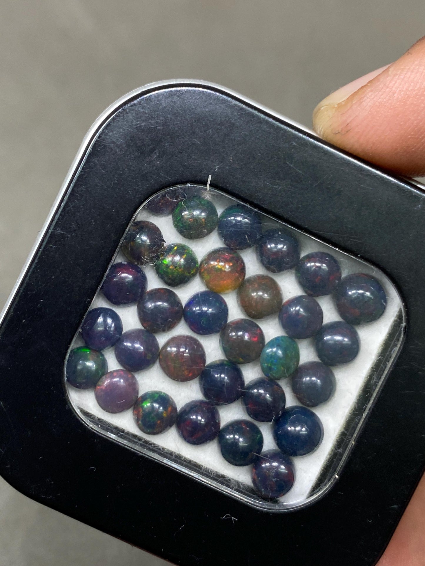 Lovely Rare Black opal (smoked) round opal Fire opal cabochons lot size wt 14 cts size 4.9mm-6mm pcs 36 fire black opals cabochons