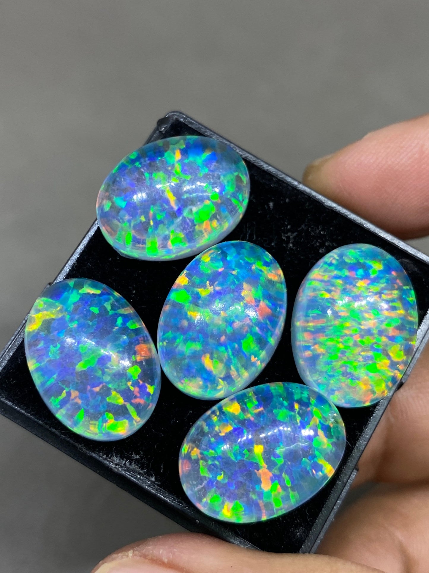 Awesome Multi fire blue aurora opal and crystal doublet oval smooth cabochons pcs 5 wt 72 carats rare size 18x13mm ring pendant supply