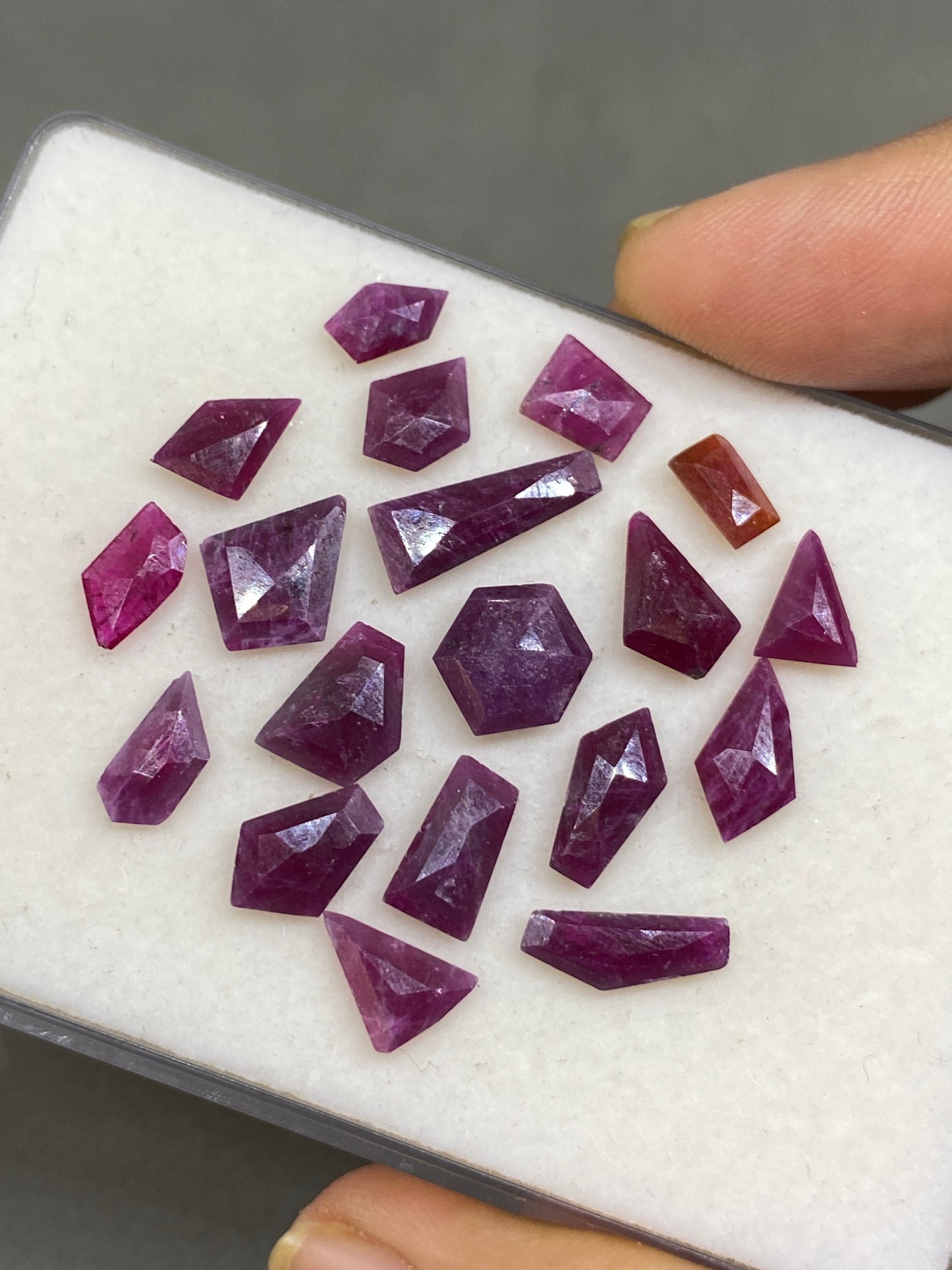 Dazzling rare natural unheated untreated ruby  flat cut geometric pcs 19 wt 28 cts  size 7x4mm-15x6mm ruby mozambique mine