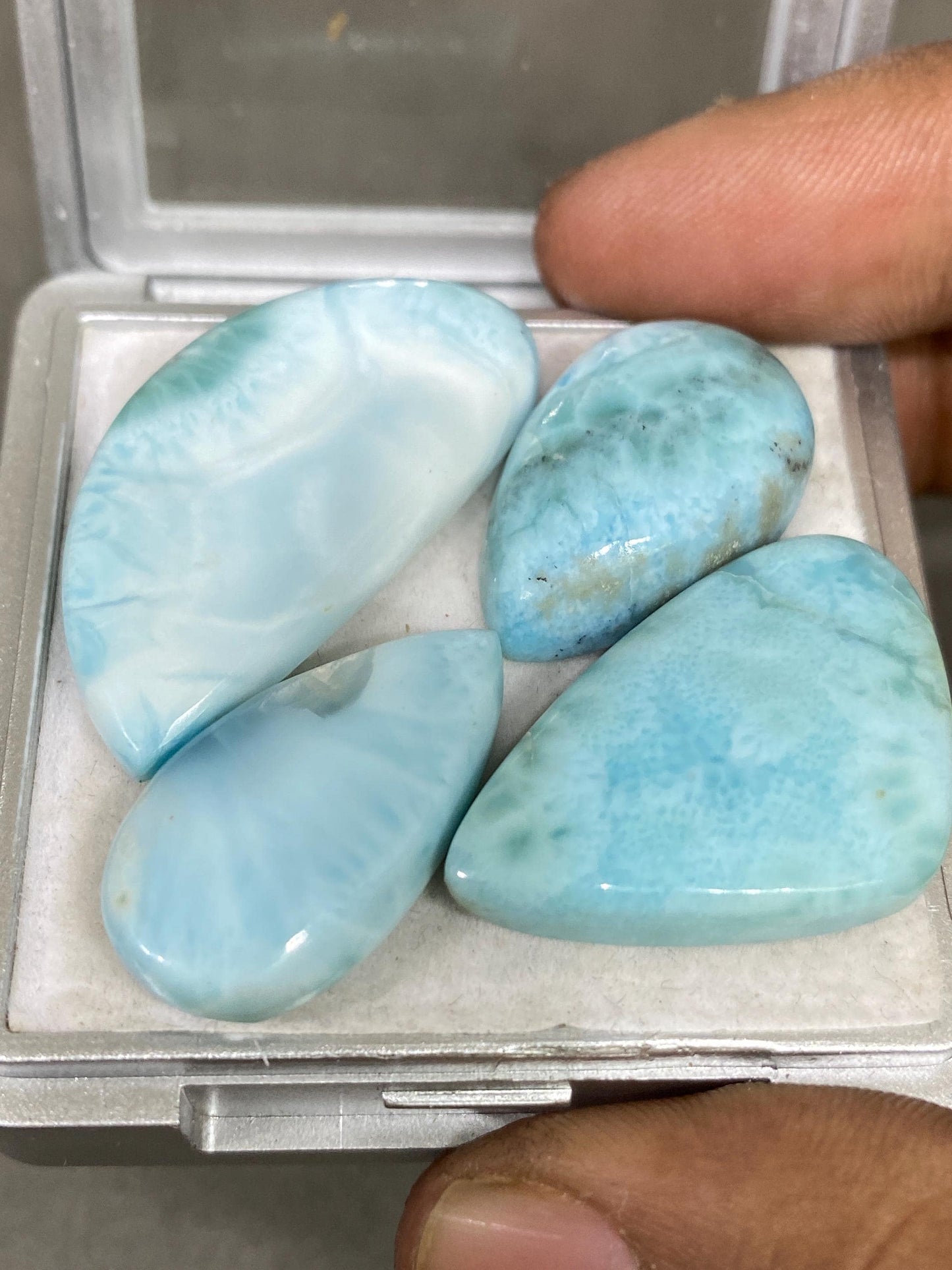 Dazzling rare Smooth Larimar cabochons mix shapes pcs 4 pendant supply wt 114 carats size 26x6-36x20mm natural Larimar cabochons fancy shape