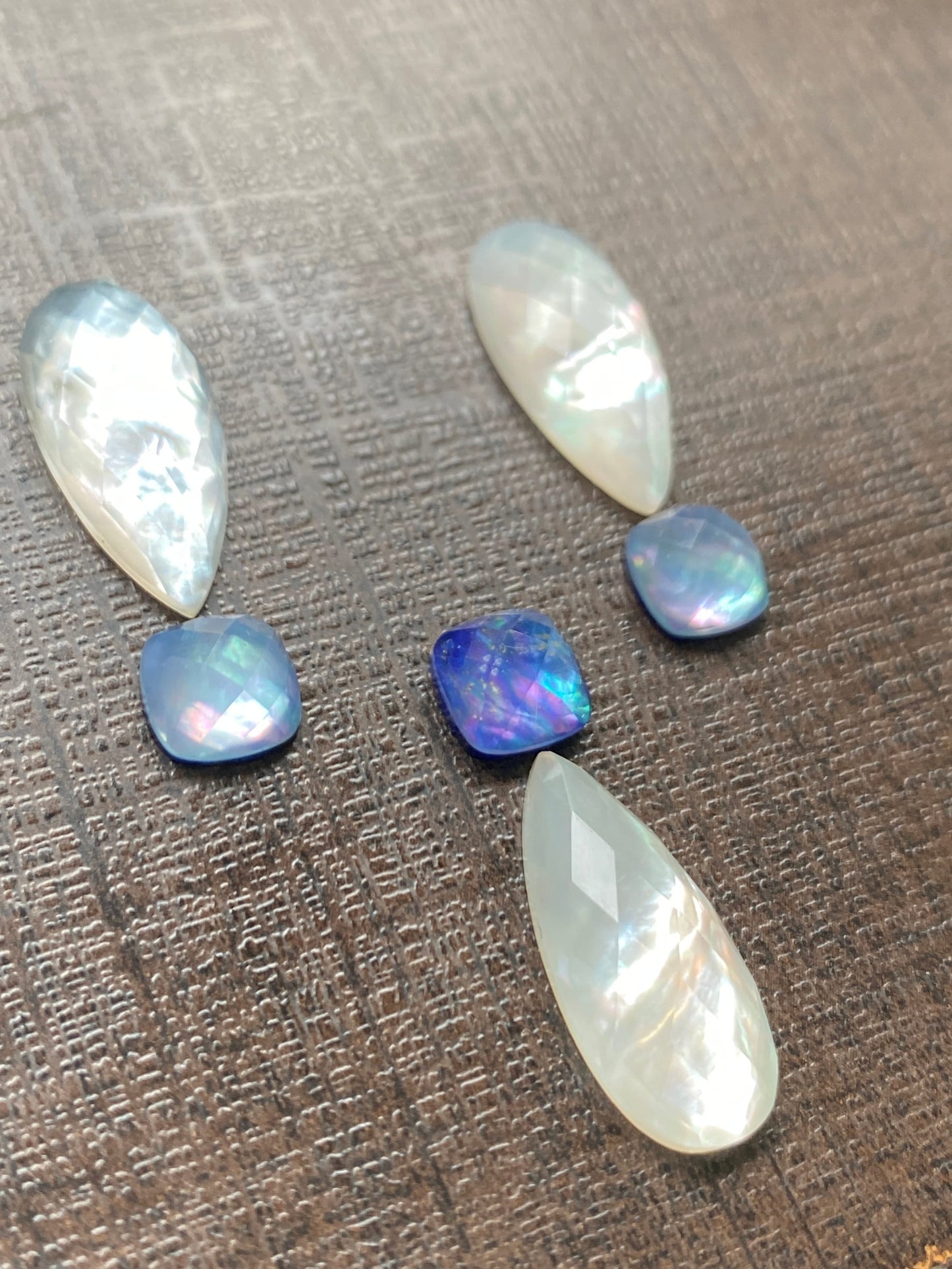 Vivacious rare Mother of Pearl pear shape large size rosecut and aurora opal cushion doublet facted  flats size 8mm-21x10mm wt 27 cts pcs 6