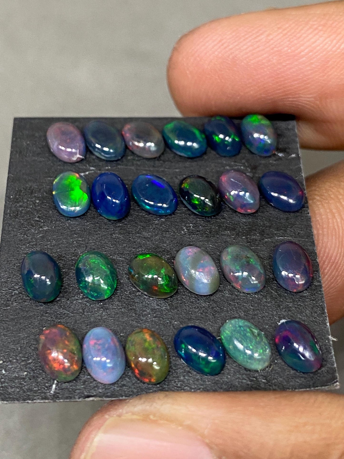 Black opal (smoked) Natural Fire opal cabochons lot size wt 8.30 cts size 6x4mm  pcs 24 opal cabochon aaa quality fire black opals cabochons