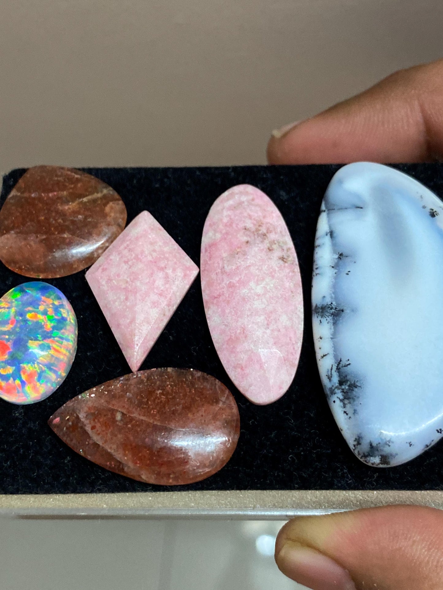 Beautiful rare multi cabochons Thulite rosecut fire opal doublet sunstone dendrite mix stones cabochon pcs 5 wt 127 cts 18x13-49x26mm