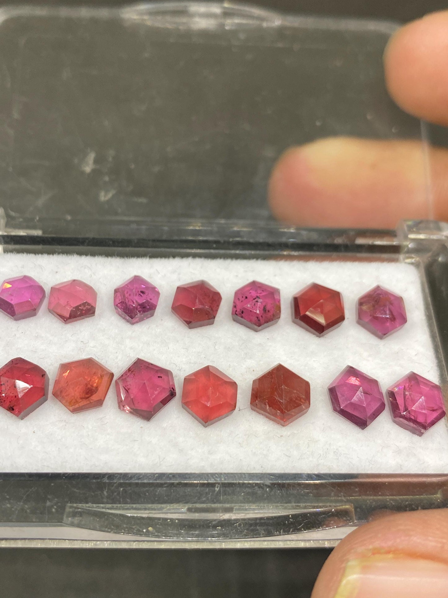 Gorgeous Rhodolite garnet hexagon step cuts Malaya aaa quality wt 19  cts pcs 14 size 5.8mm-6mm  Rhodolite garnet stepcut hexagons