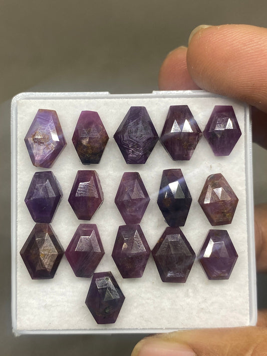 Fascinating rare sheen star ruby sapphire coffin shape step cut weight 53 cts pcs 17 size 9x6-11x9mm natural star sapphire rose cut