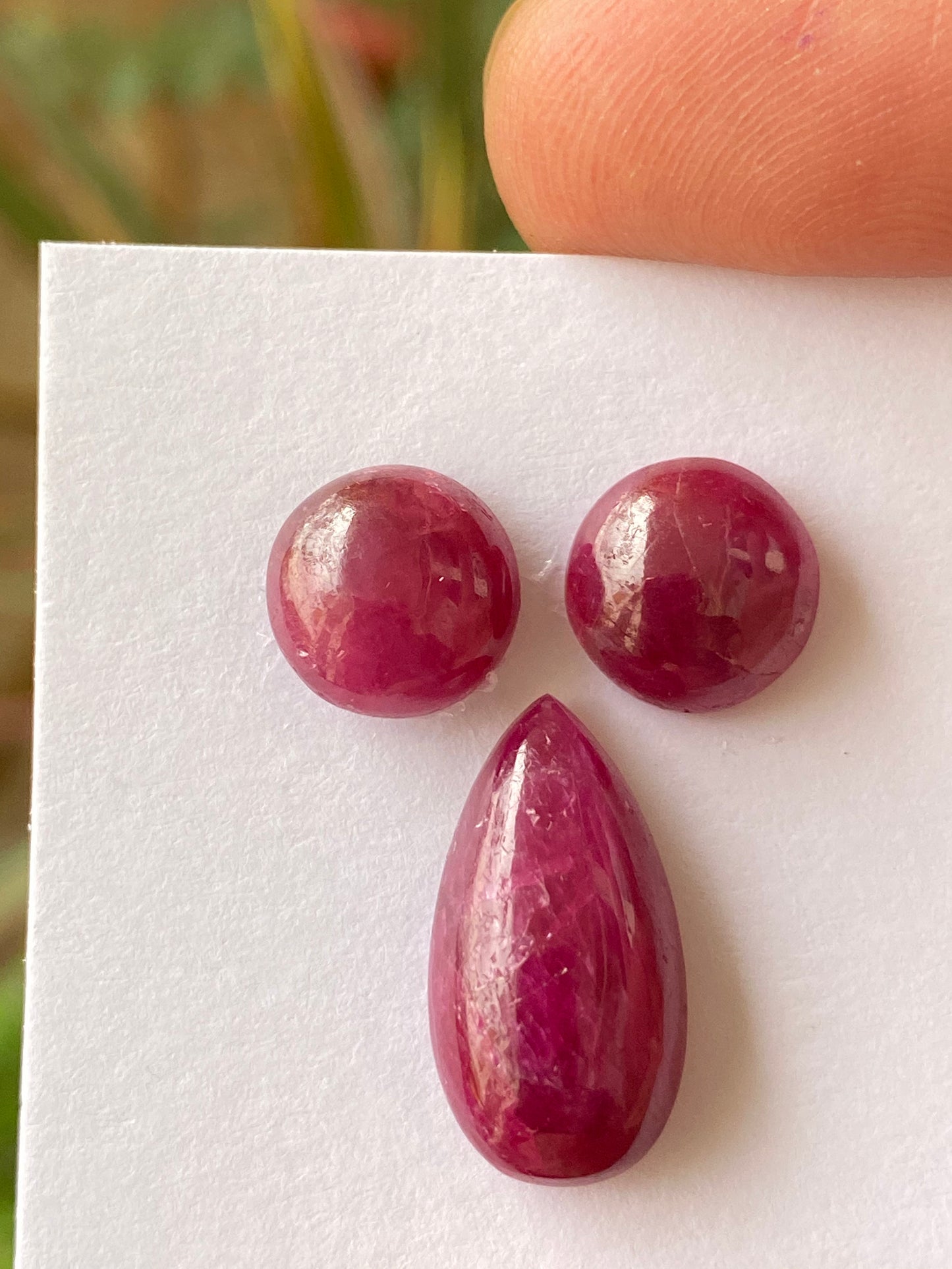 Stunning  Rare ruby round cabochon ruby pear pendant earrings supply pcs 3 wt 19 cts size 9.9mm-9.9x8.5mm unheated untreated ruby cabochons