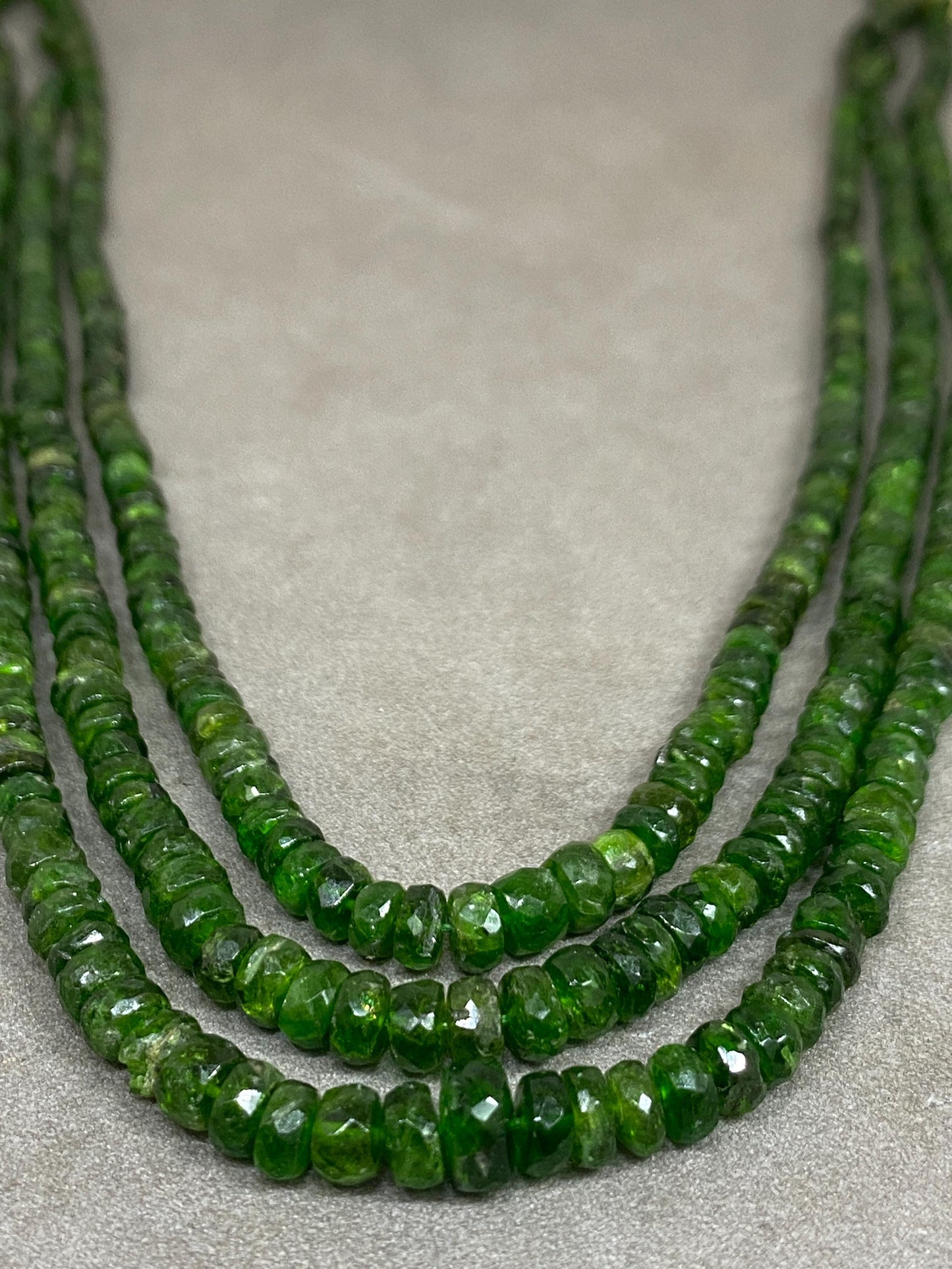 Rare chrome diopside faceted beads rare necklace weight 246 cts size 3mm-7mm  length 15 and 16 inches and 17 inches