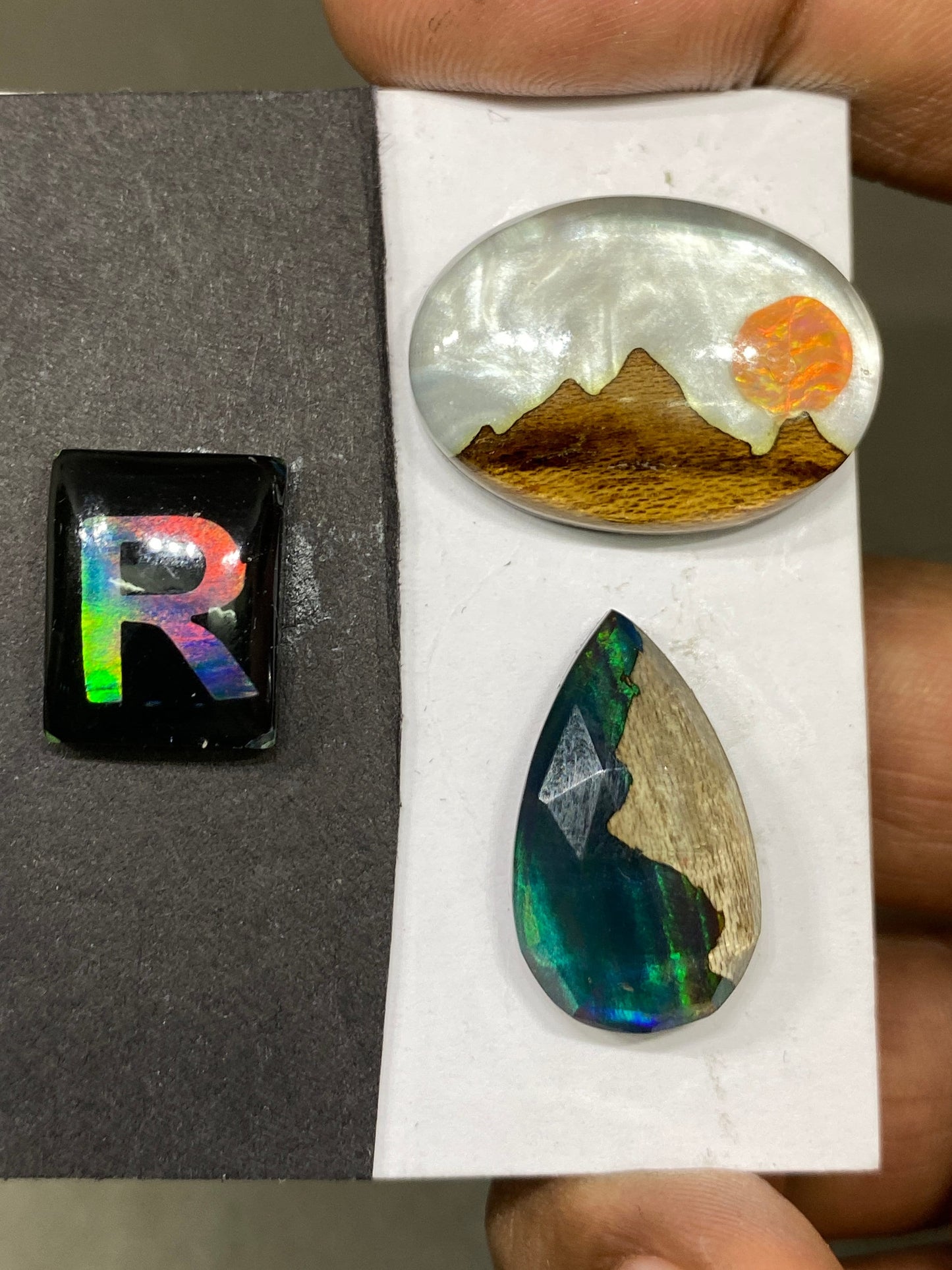 Amazing Aurora opal Brass and black onyx mountain doublets wt 48 cts size 16x13mm-24x14mm fire opal R alphabet Aurora opal cabochons pcs 3