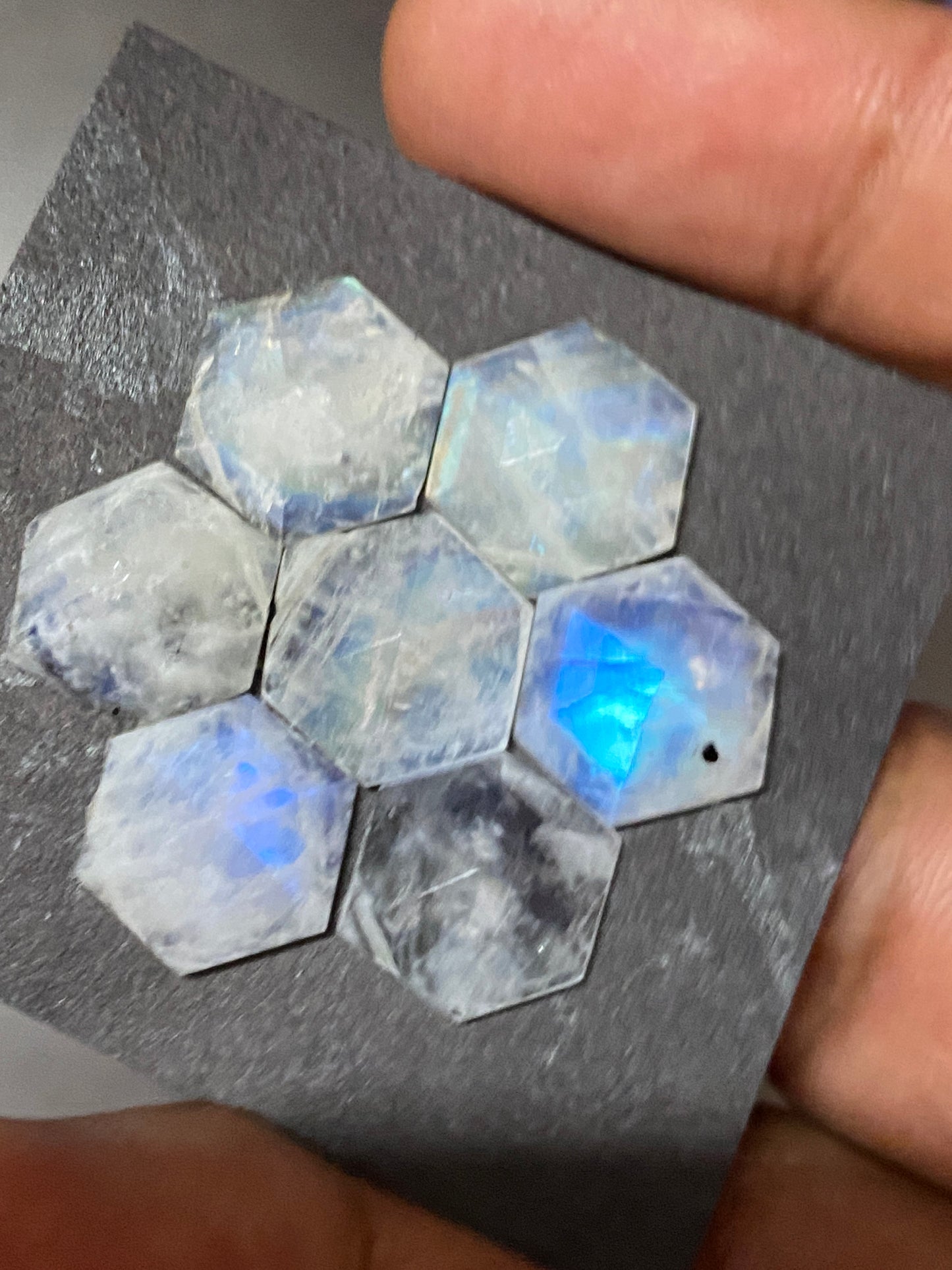 Fabulous rare Blue fire white rainbow moonstone faceted rosecut hexagon pcs 7 wt 36 cts size 12mm-13mm fire rainbow moonstone