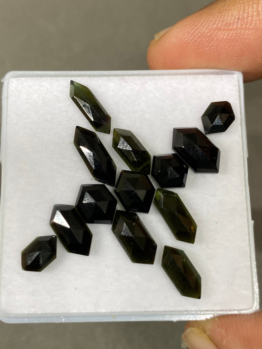 Stunning Rare dark Green tourmaline hexagon step cuts weight 13 cts pcs 13 small size 7x4.8-12x4.2mm tourmaline stepcut hexagon