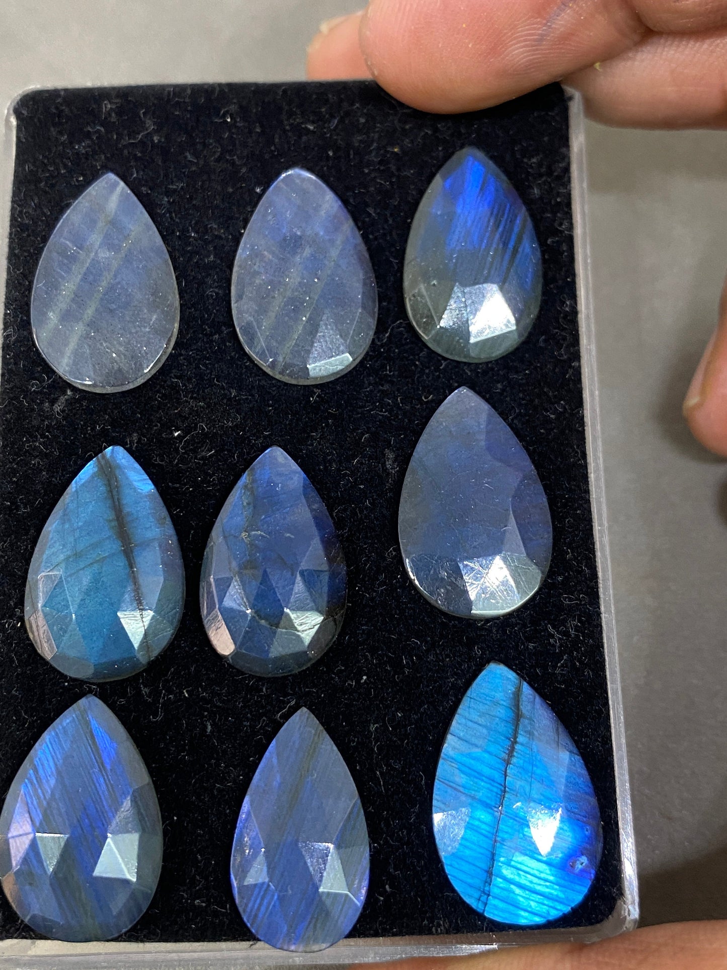 Mesmerising blue fire labradorite pear rose cut wt 55 cts pcs 9 size 14x9-20x11mm blue fire labradorite hexagon