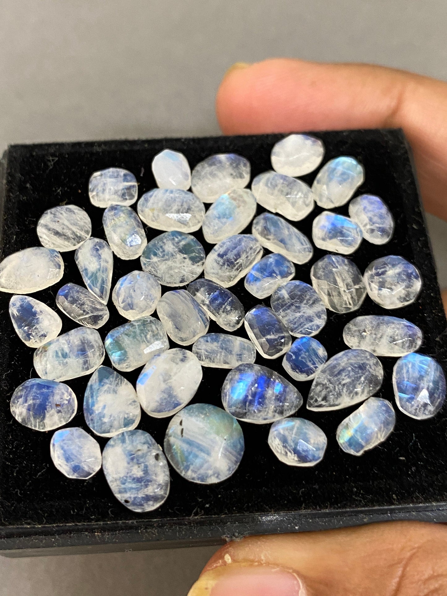 Stunning Blue fire rainbow moonstone unusual faceted rosecut pcs 40 wt 48 cts size 5.7x4.7-9x7mm beautiful fire rainbow moonstone facted