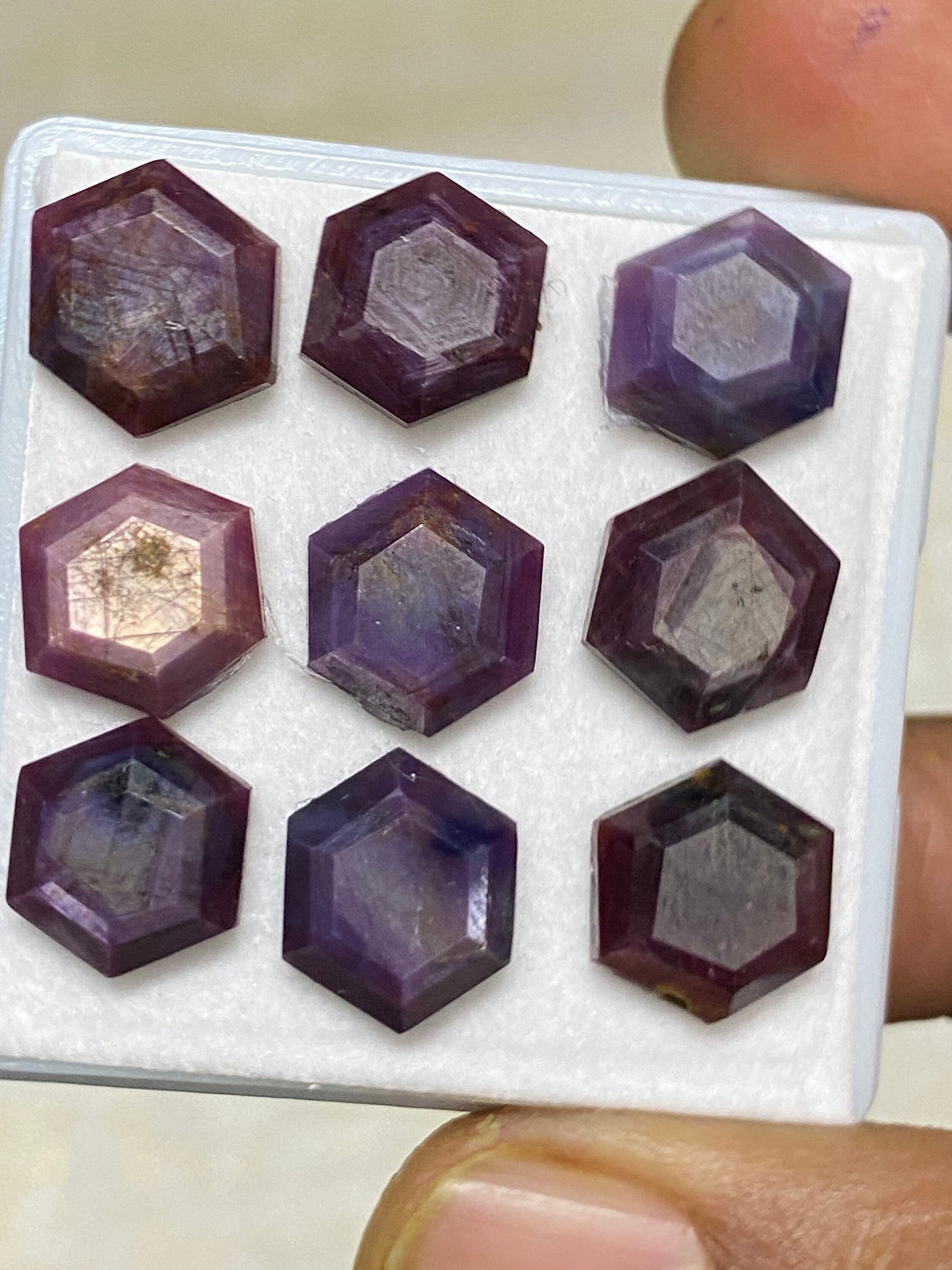 Blingy rare sheen sapphire ruby geometric hexagon  fancy mirror cut weight 40.80 cts pcs 9 size 11.5x10mm natural star sapphire step cuts