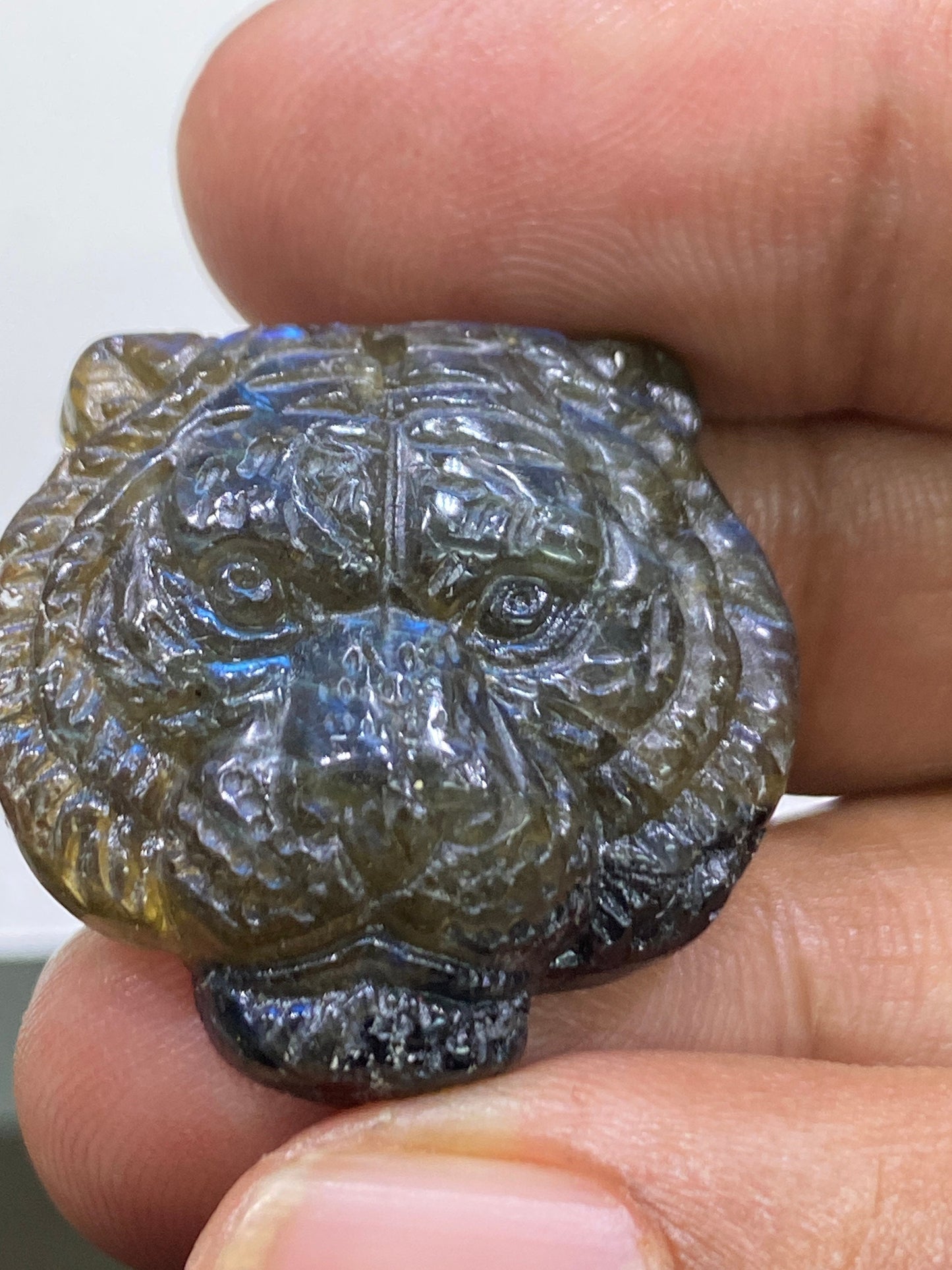 Enchanting Rare Natural AAA Blue fire labradorite tiger face carving drilled top for pendant wt 48 cts size 28mm tiger face carving