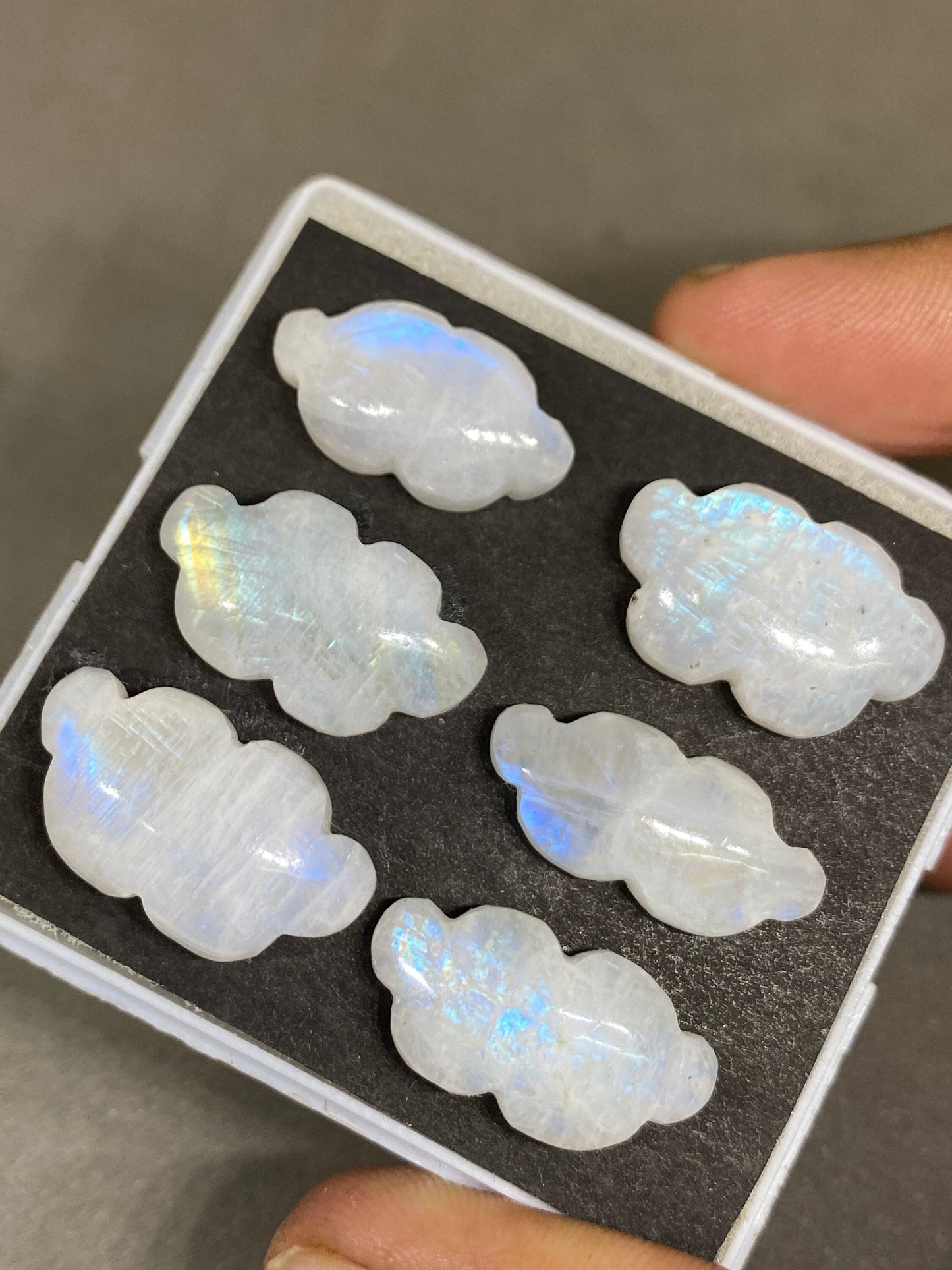 Stunning rare white moonstone cloud carving  blue fire moonstone   carving pcs 6 wt 106 cts size 22x12-25x14mm  moonstone cloud carving