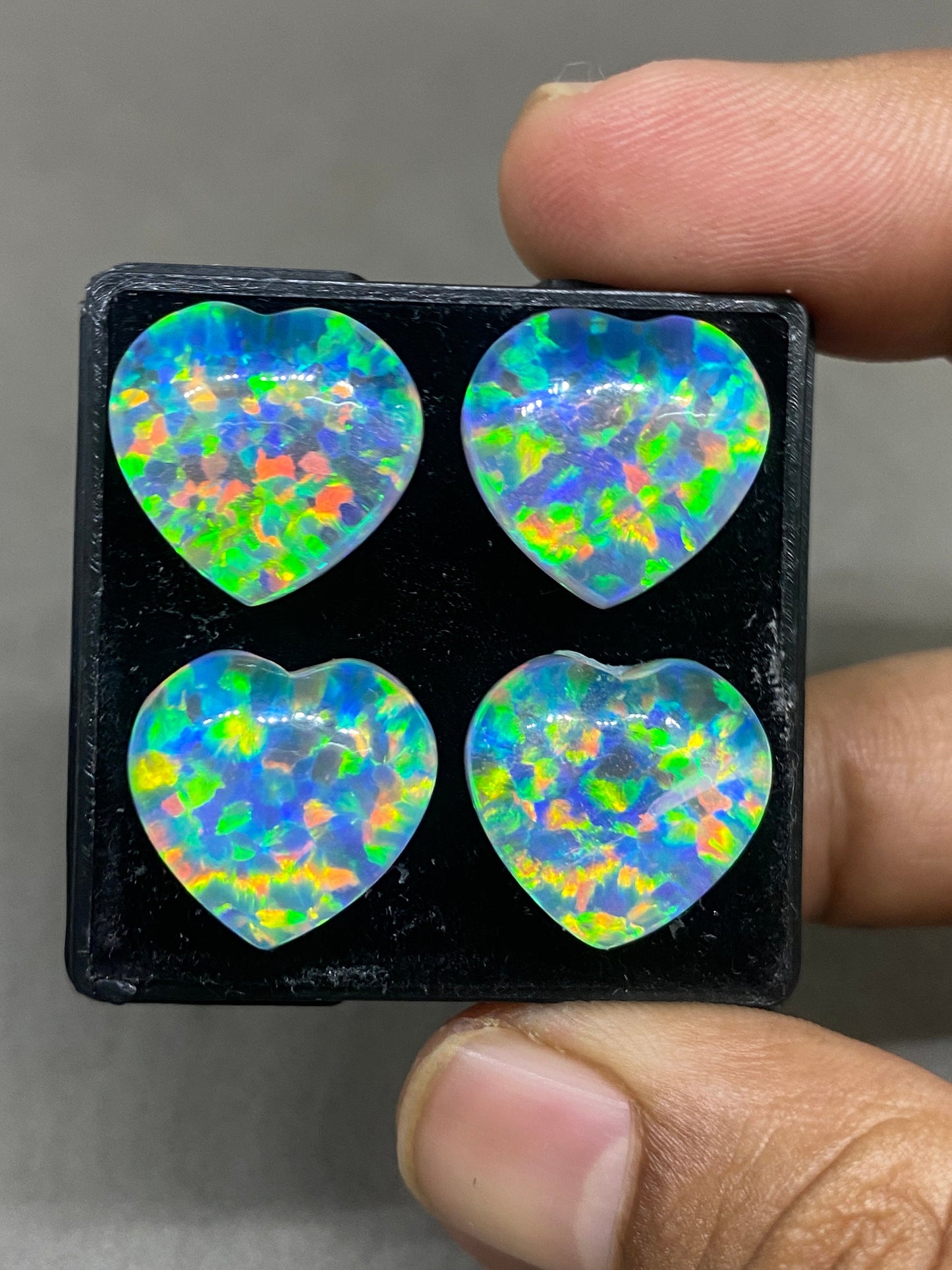 Vivacious Multi fire aurora opal n crystal doublet heart gem smooth cab pcs 4 wt 60 carats big size 16mm ring pendant earring auroral opal