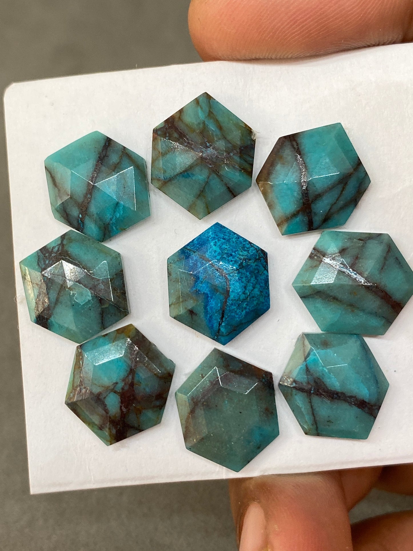 Stunning rare chrysocolla hexagon stepcut wholesale lot weight 43 carats pcs 9 size 14.2x11.7mm-15.5x12.5mm  flatback gems