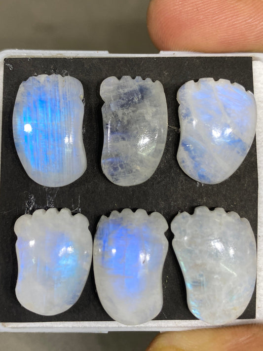 Cute rare white moonstone baby foot carving  blue fire moonstone  carving pcs 6 wt 80 cts  17x13-19x13mm moonstone baby foot carving