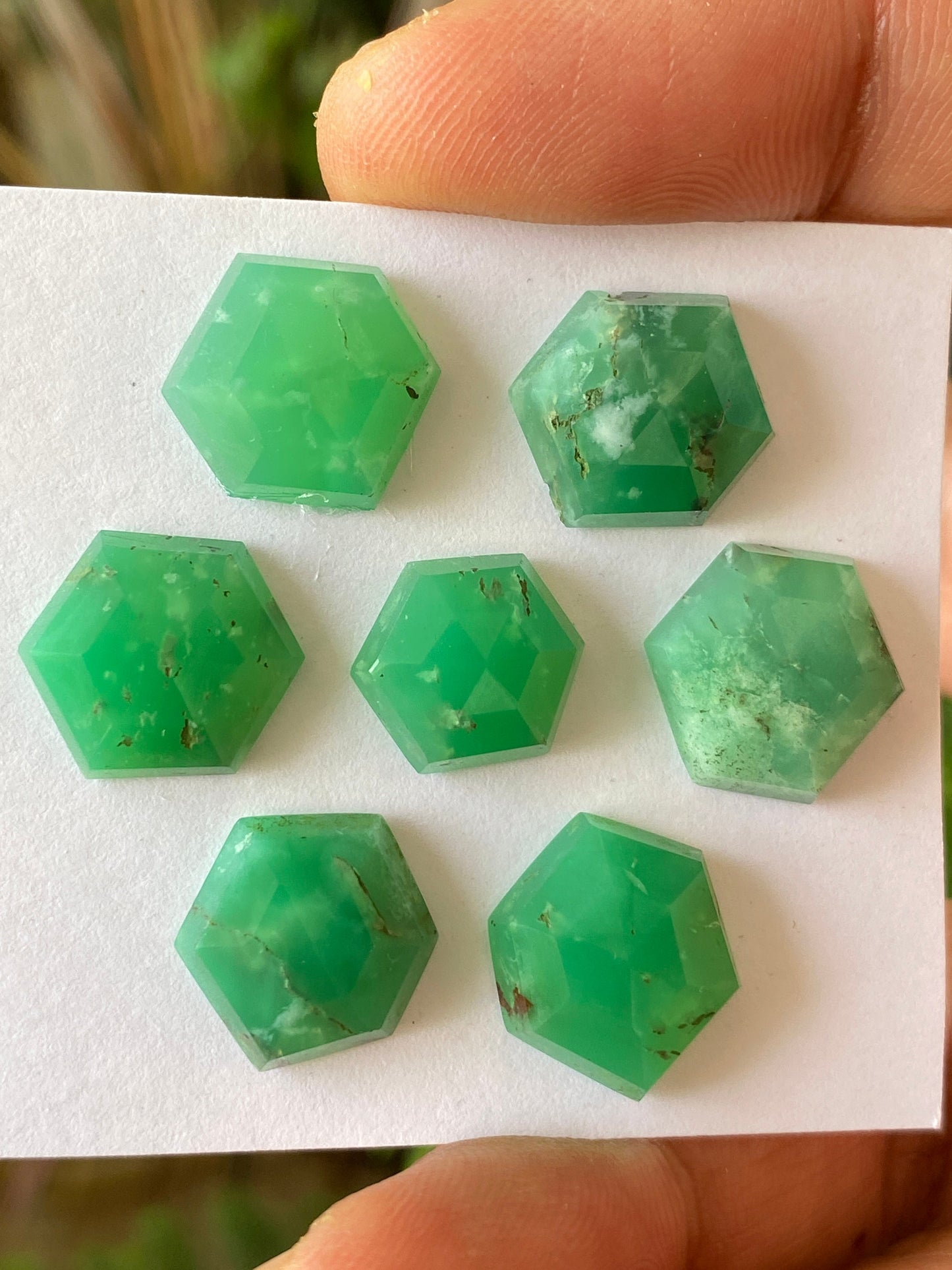 Stunning chrysoprase hexagon stepcut wholesale lot Pcs 7 weight 43 carats size 12x11-13.5x11mm chrysoprase stepcut