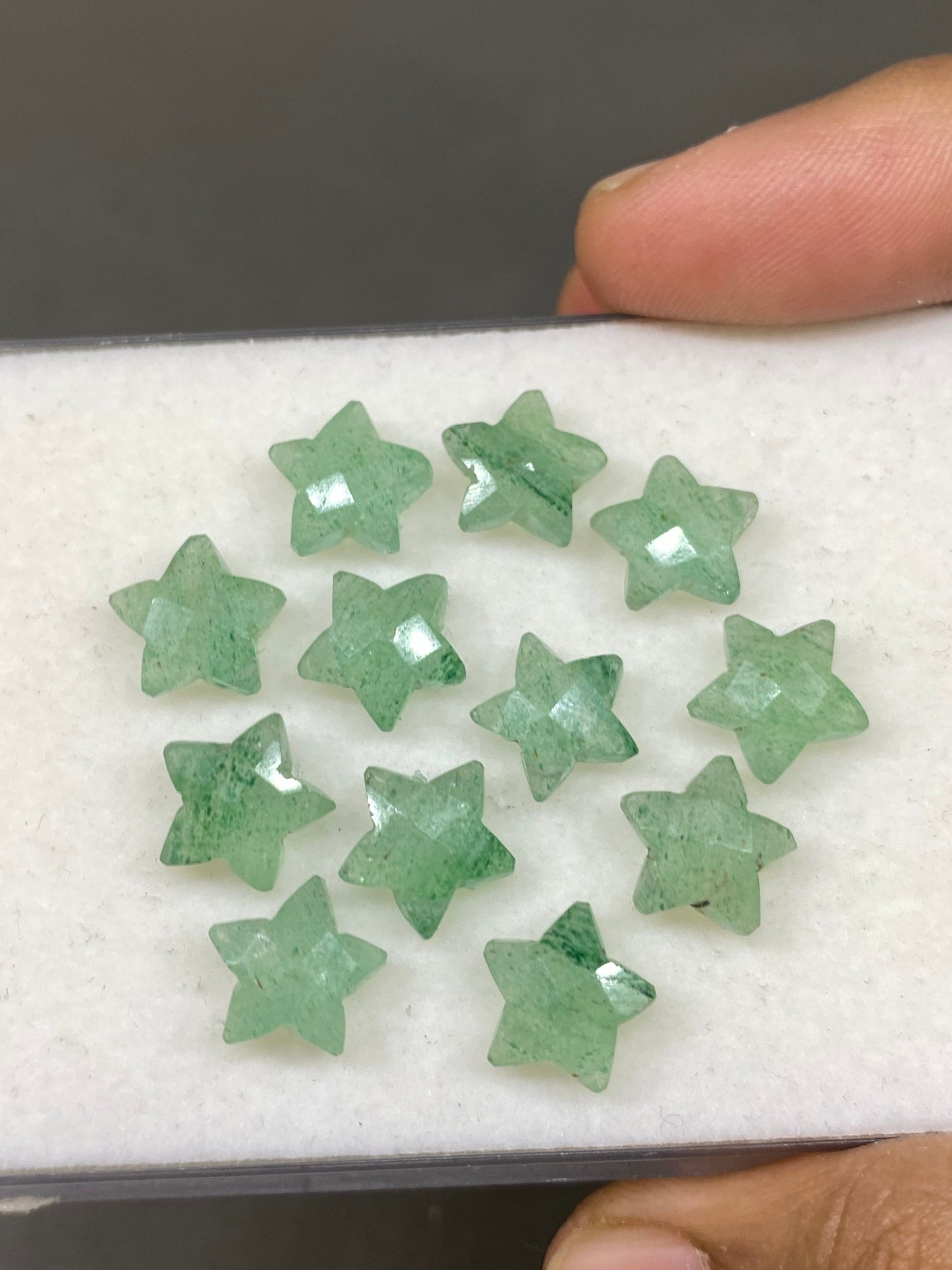 Attractive green quartz faceted star shape carving briolette drilled pcs 12 wt 39 cts approx size 10-11mm green quartz star briolette