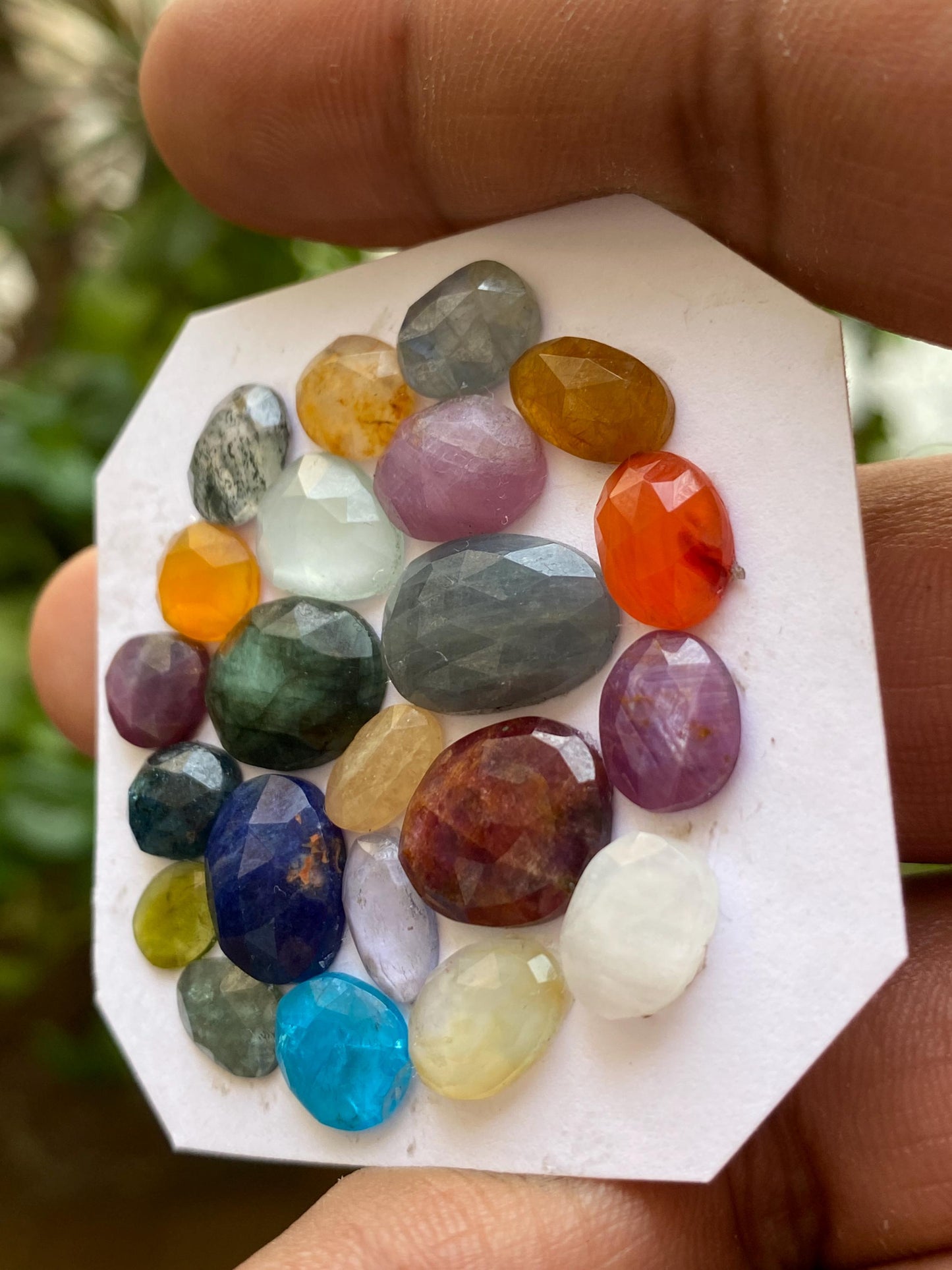 Fascinating multi stones ruby hessonite sodalite apatite spot quartz emerald carnelian rosecut pcs 22 wt 52.20 carats size 8.7x6mm-15x10mm