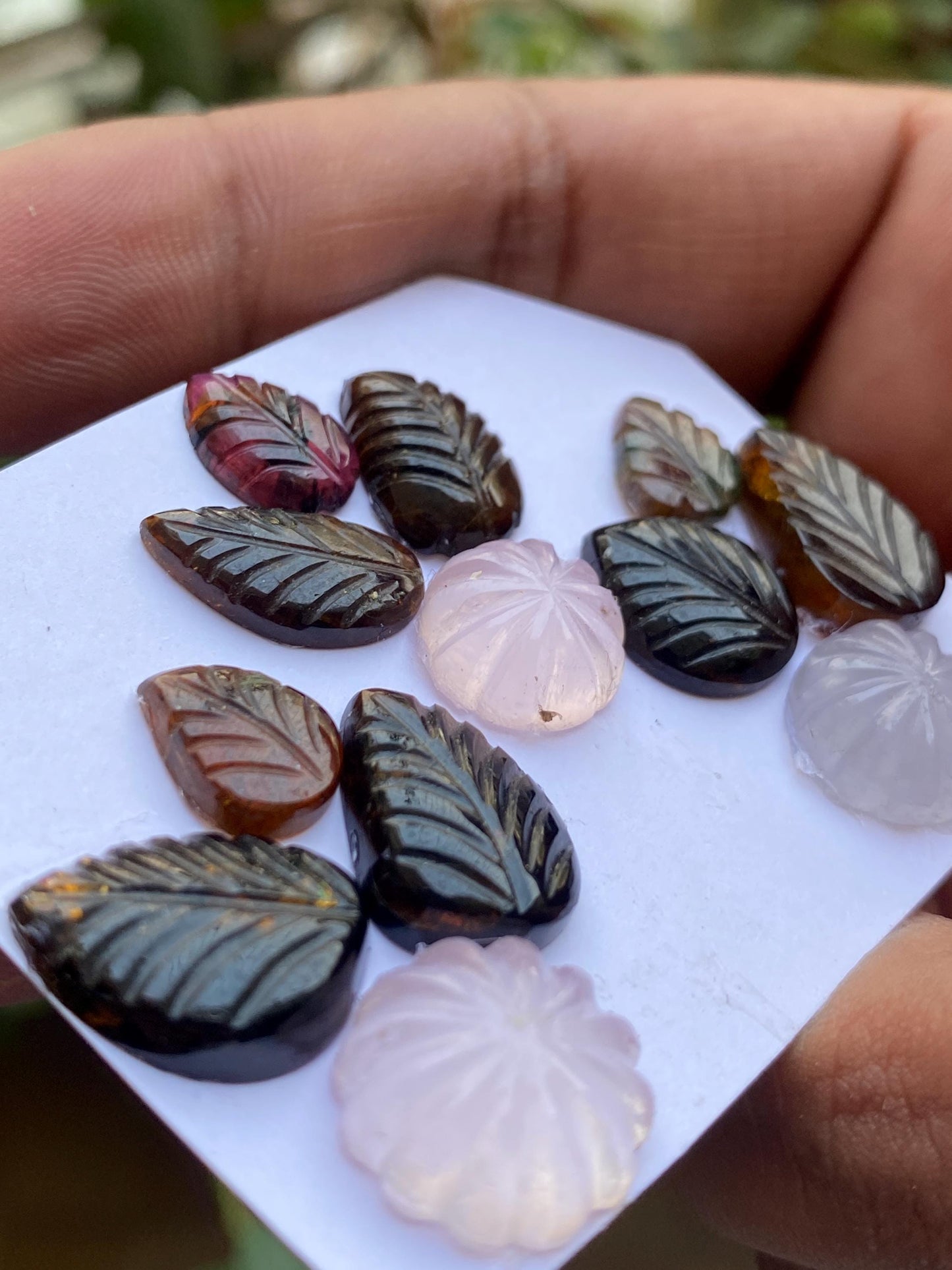 Stunning Petro tourmaline rose quartz chalcedony flower leaves carving wt 60 carats pcs 12 size 10.5x8-16x11mm tourmaline big leaf carving