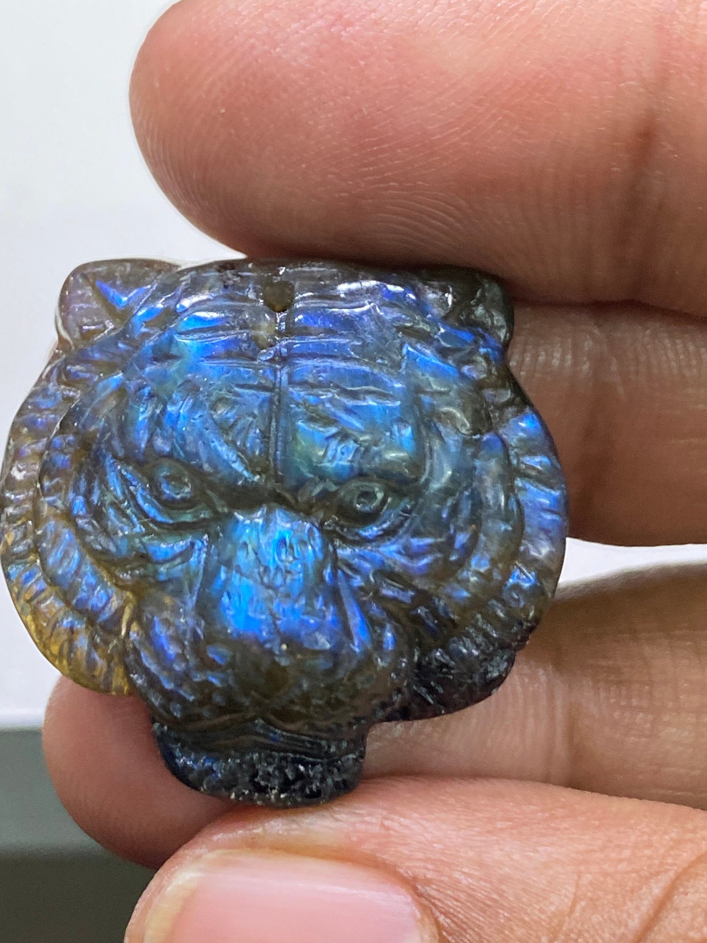 Enchanting Rare Natural AAA Blue fire labradorite tiger face carving drilled top for pendant wt 48 cts size 28mm tiger face carving