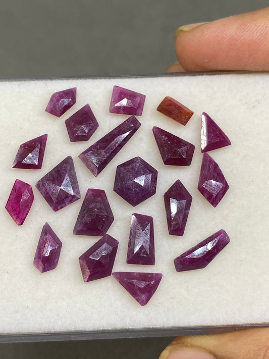 Dazzling rare natural unheated untreated ruby  flat cut geometric pcs 19 wt 28 cts  size 7x4mm-15x6mm ruby mozambique mine