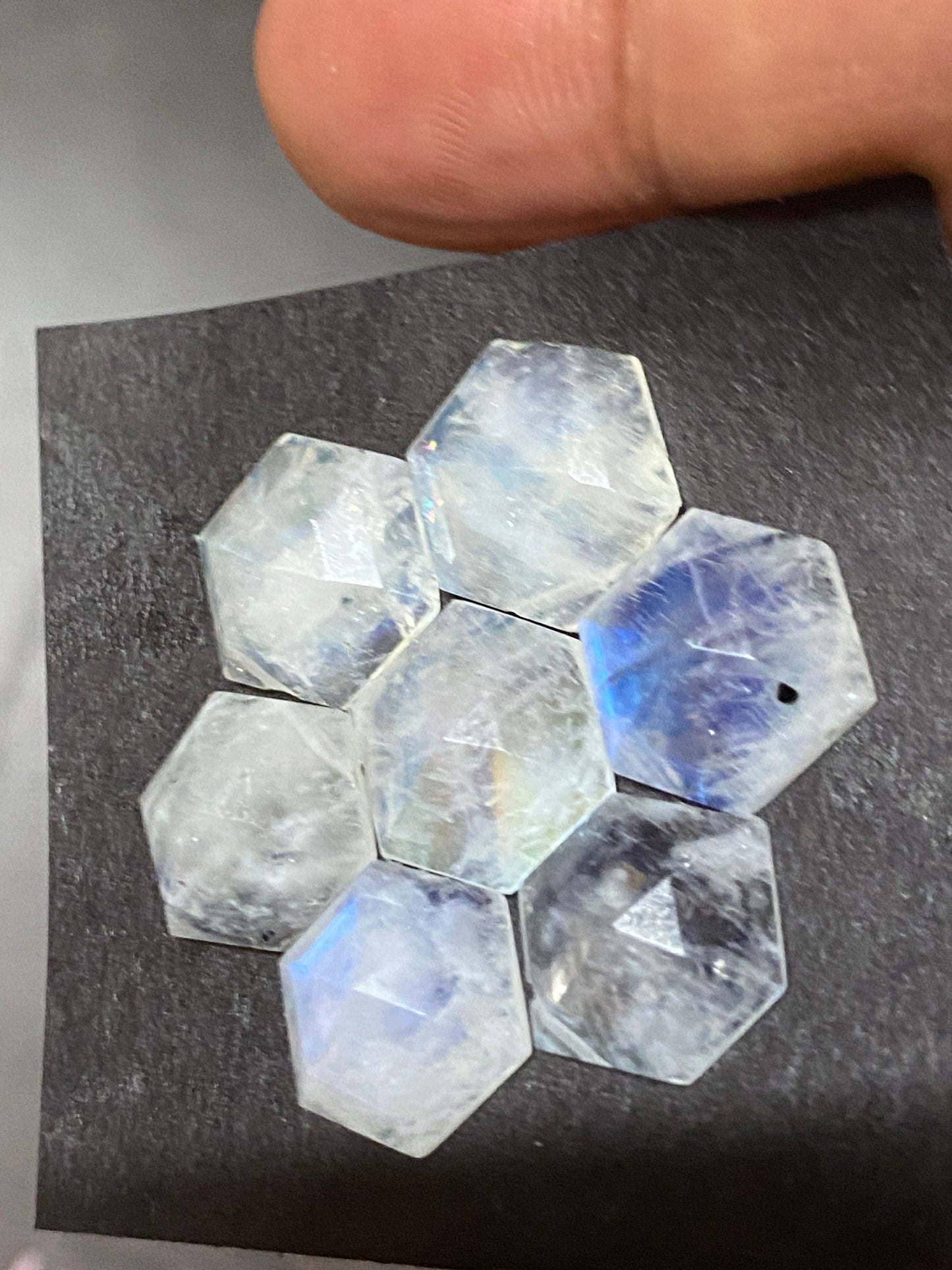 Fabulous rare Blue fire white rainbow moonstone faceted rosecut hexagon pcs 7 wt 36 cts size 12mm-13mm fire rainbow moonstone