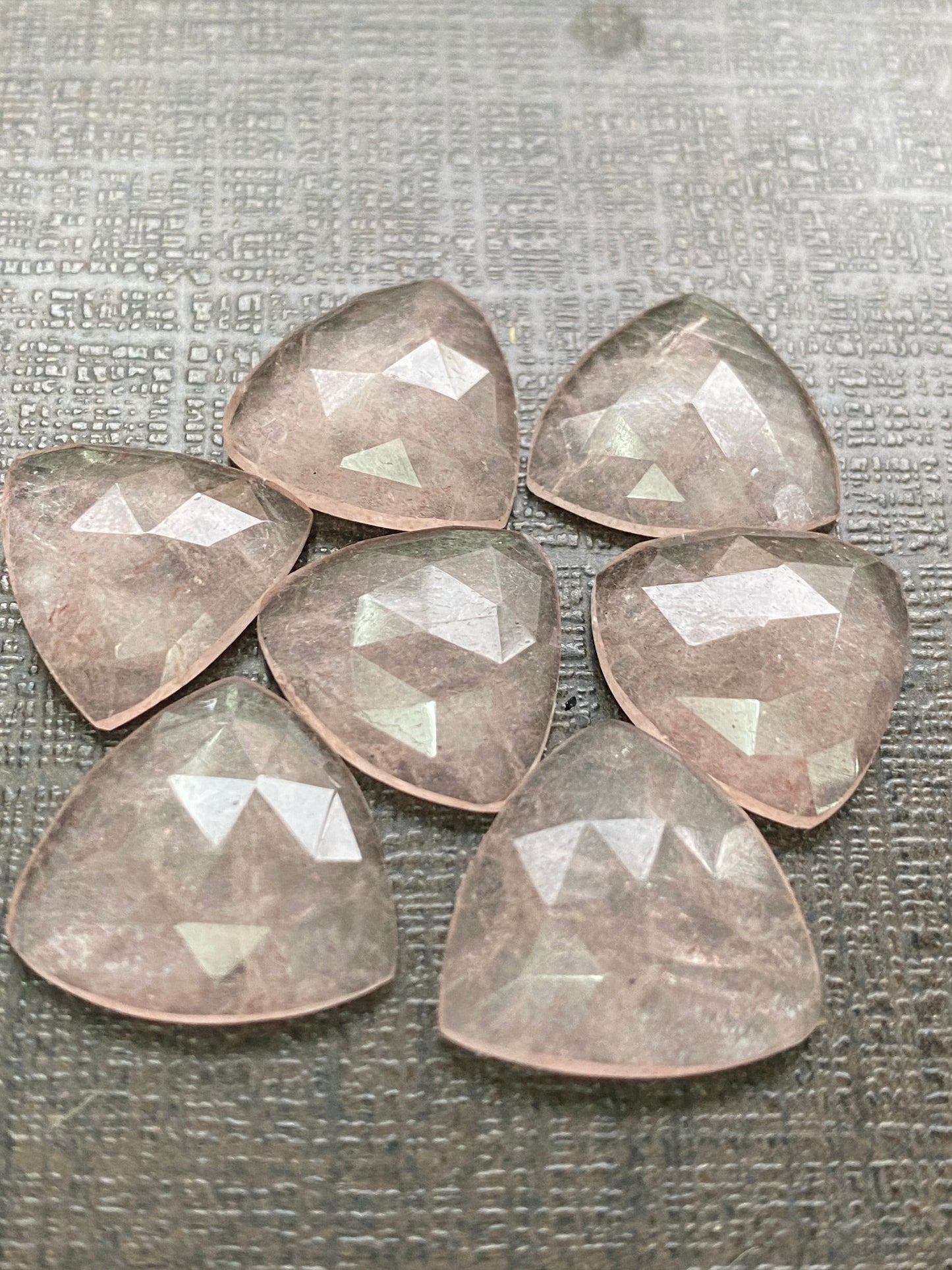 Cute baby pink Strawberry quartz trillion lot pcs 7 wt 40  cts size 15mm beautiful pink strawberry quartz trillion shape rosecut