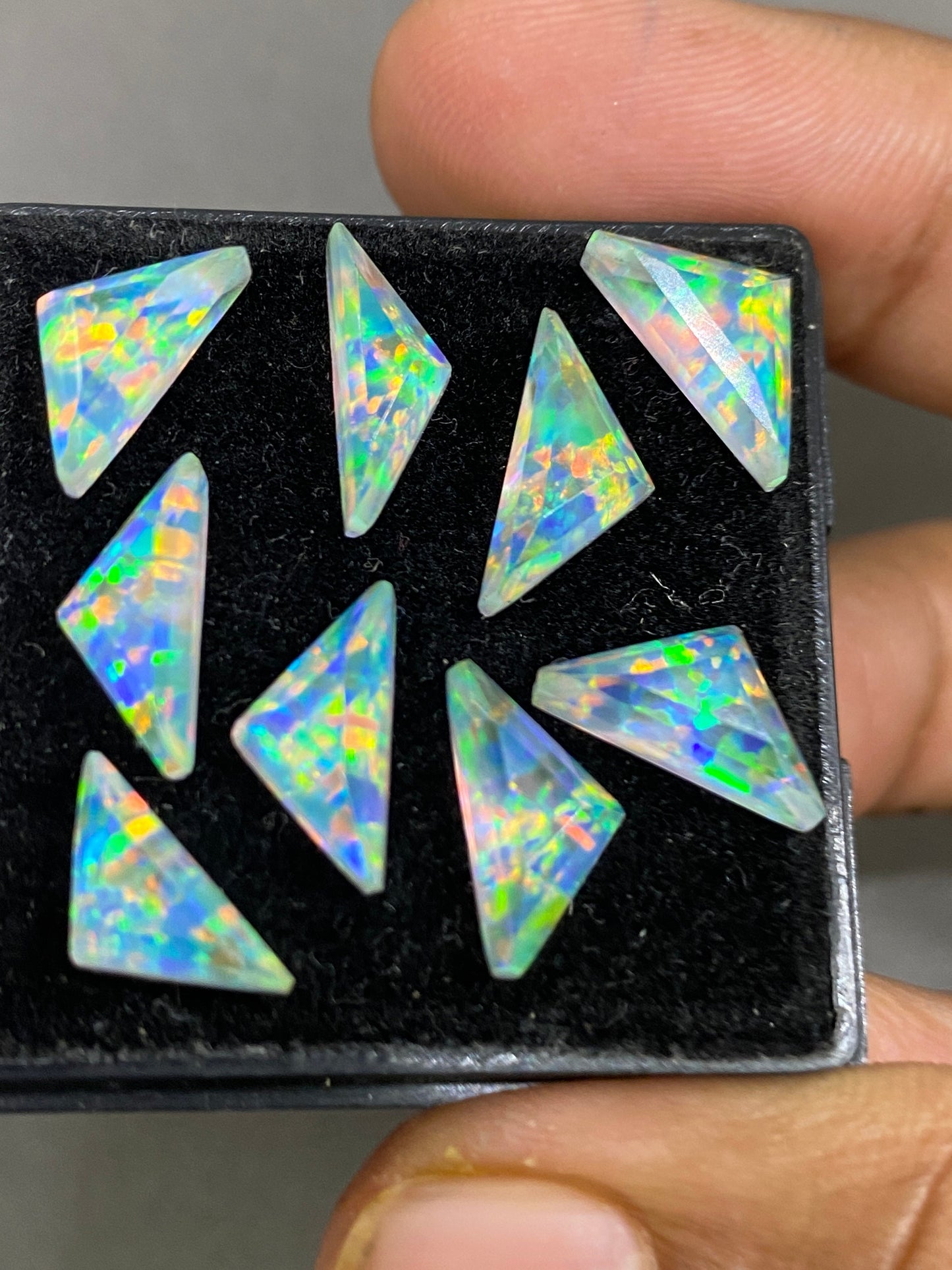 Gorgeous Multi fire Aurora opal and crystal doublet scalene triangles geometric cut pcs 9 wt 20 cts size 12x6mm-13x6mm rosecut monarch opal