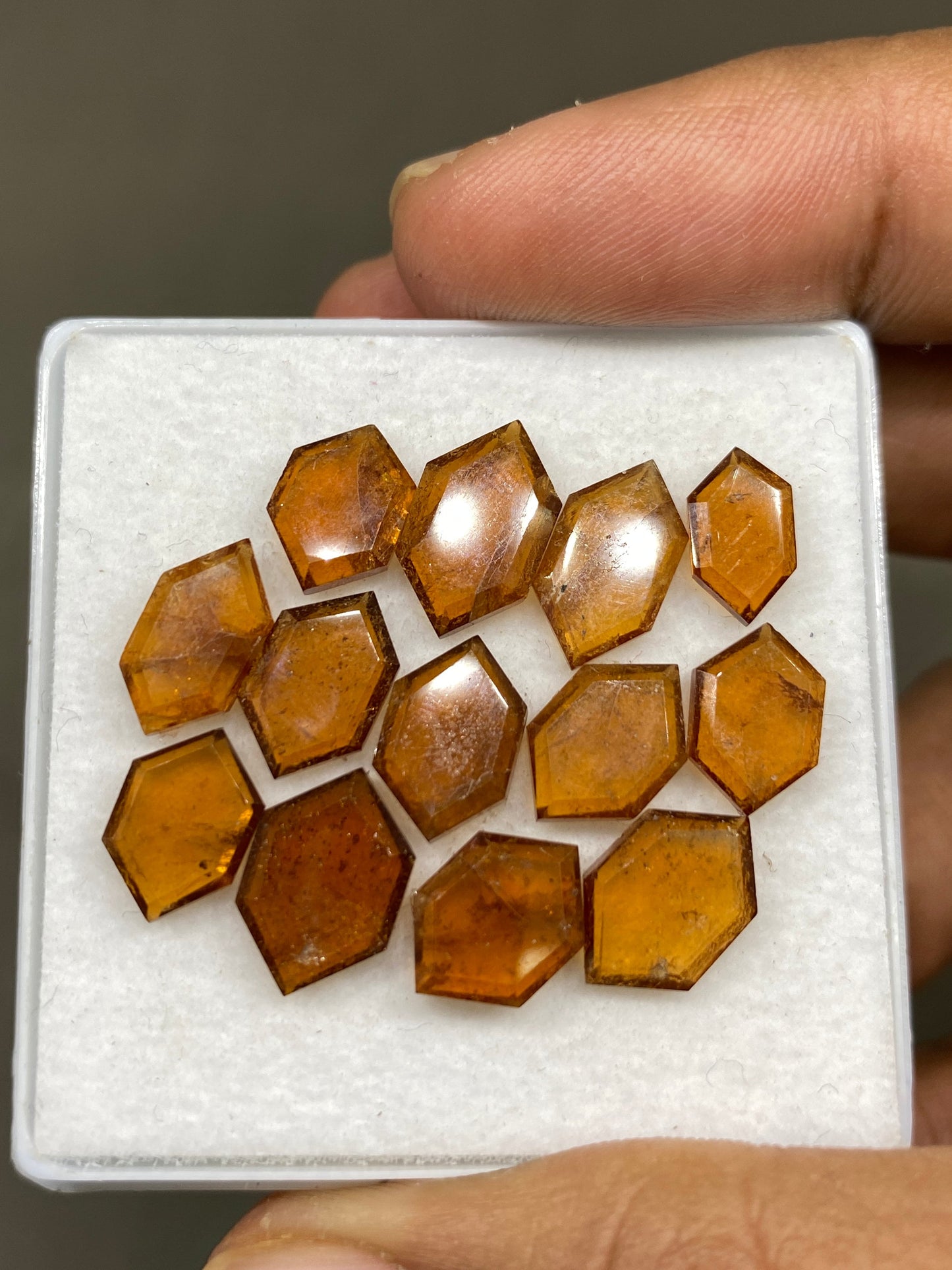 Mesmerising hessonite orange garnet hexagon mirror cuts wt 31 carats  pcs 13 size 10x6mm-13x8mm Hessonite garnet stepcut hexagons