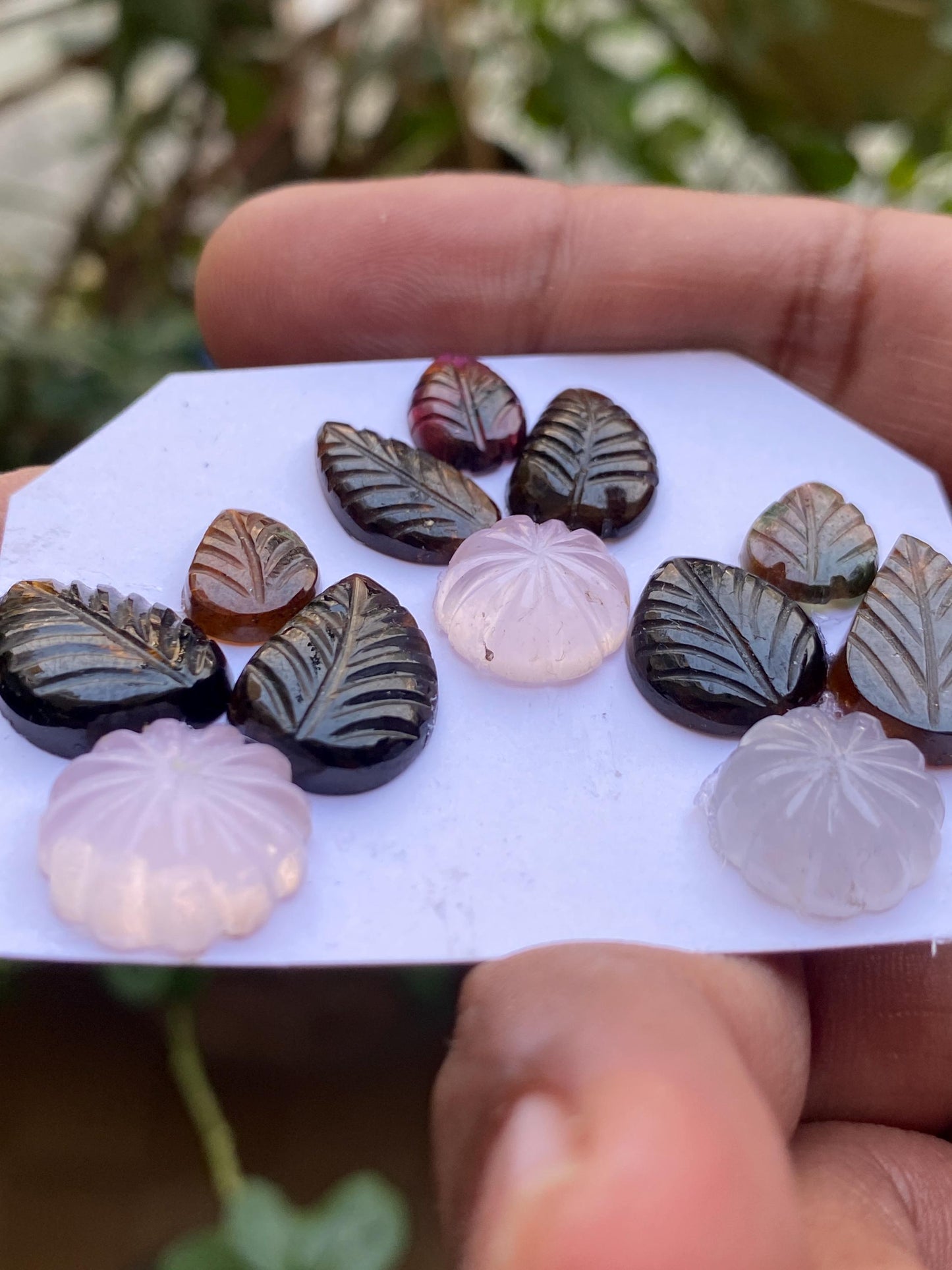 Stunning Petro tourmaline rose quartz chalcedony flower leaves carving wt 60 carats pcs 12 size 10.5x8-16x11mm tourmaline big leaf carving