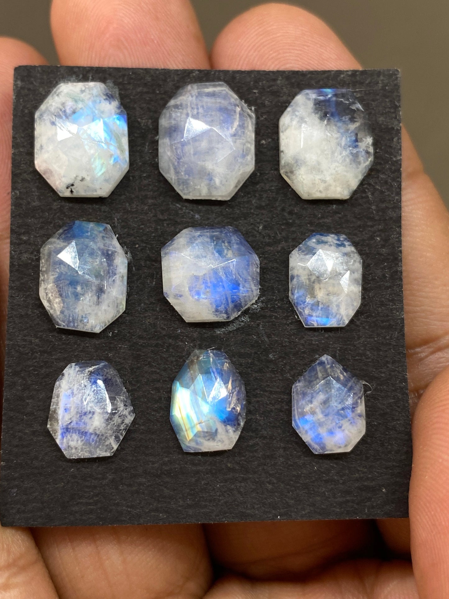 Stunning rare Blue fire white rainbow moonstone faceted rosecut geometric cushion pcs 9 wt 28 cts size 10x8-12x10mm fire rainbow moonstone