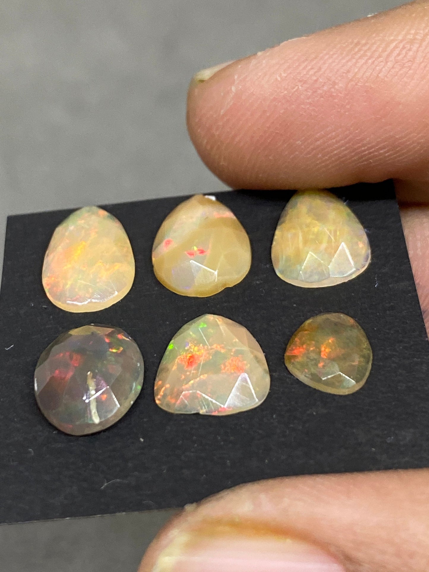 Alluring yellow base multi fire mix shapes Ethiopian mines opal rosecut wt 5 carats  pcs 6 size 7x6mm-11x7mm opal rosecut