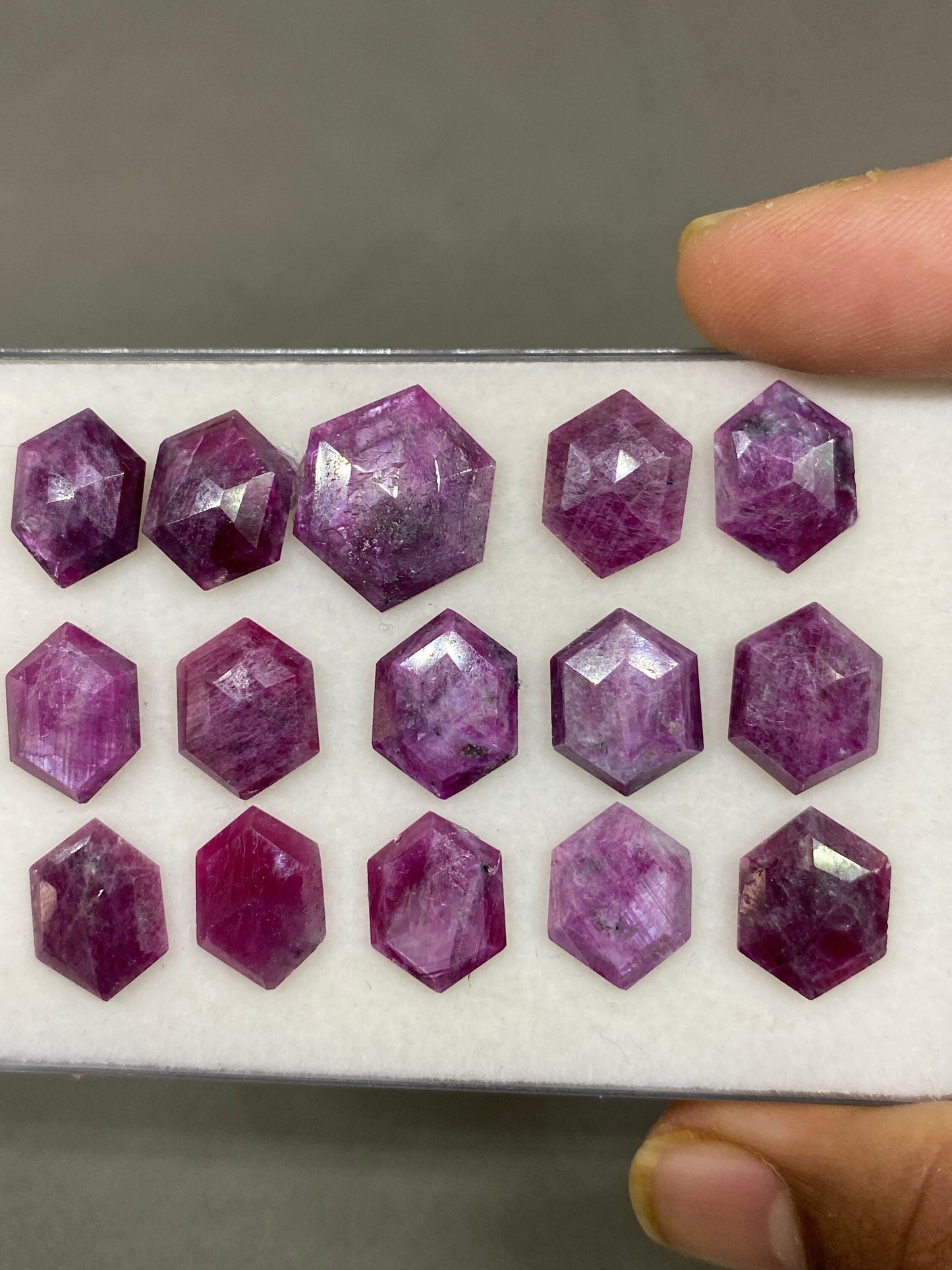 Eye catching Rare silver sheen ruby hexagon step cuts weight 71 carats pcs 15 size 13.9x10.5mm-17.4x16.4mm ruby hexagon flatbacks