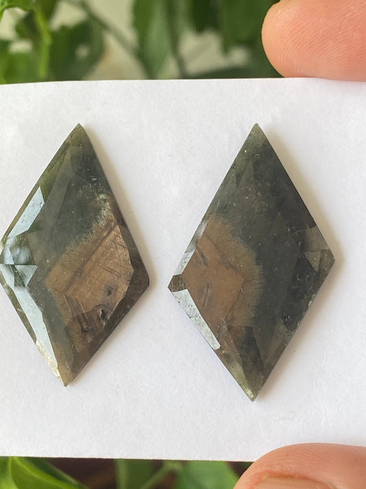 Attractive bi color sapphire rosecut matched pair fancy design green gold sheen pcs 2 wt 53 cts size 40x24mm rosecut sapphire