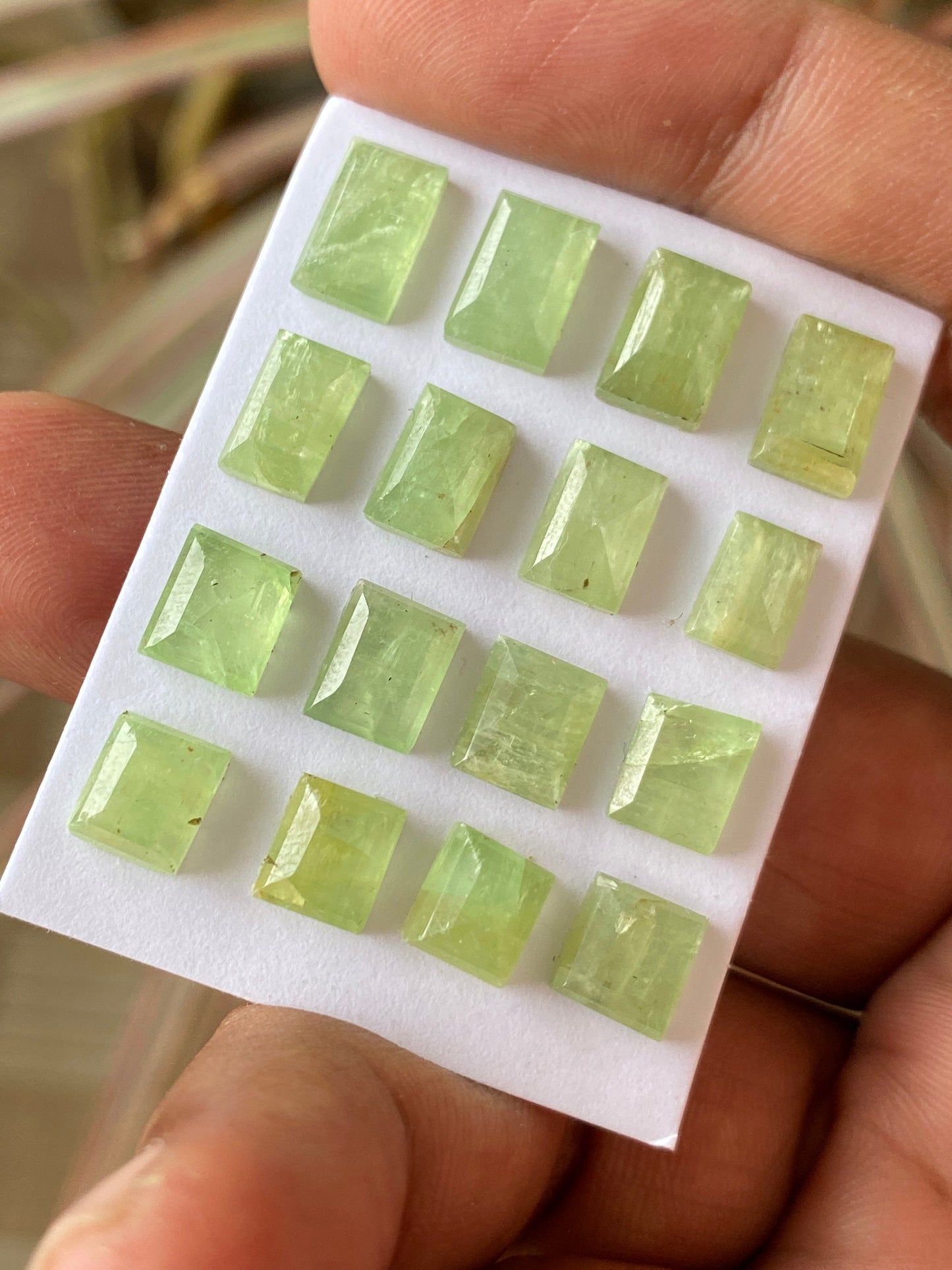 Dazzling rare parrot green Kyanite cushion stepcut flats quality wt 40 carats pcs 12 size 7x6mm-10x6mm aaa quality rosecut green kyanite