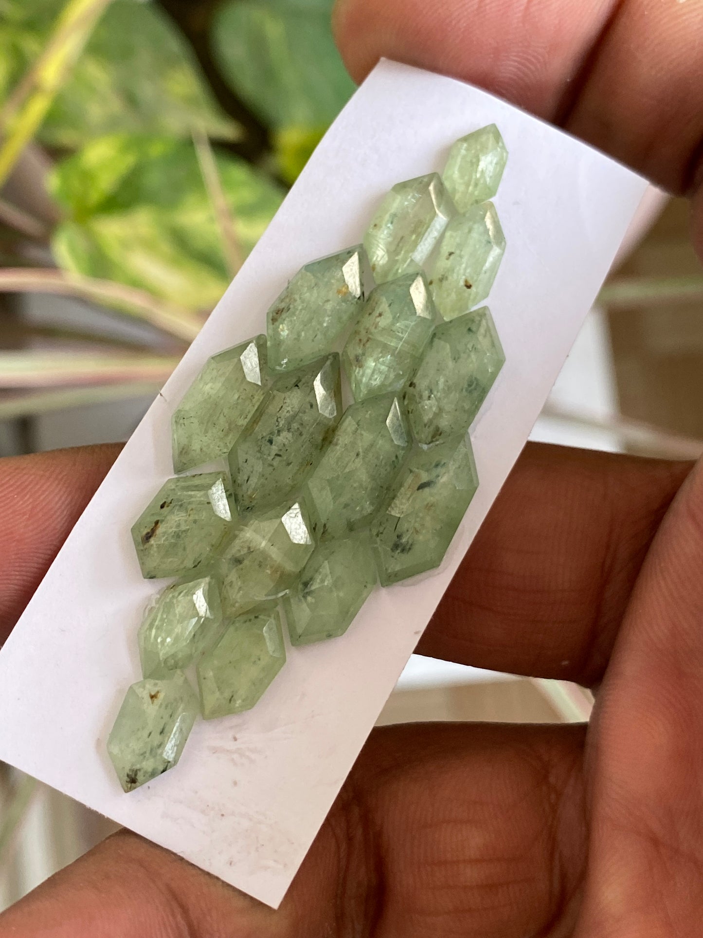 Stunning rare moss green kyanite hexagon stepcut flats fine quality weight 49 carats size 9.5x5.4mm-17x7mm pcs 16 quality moss green hexagon