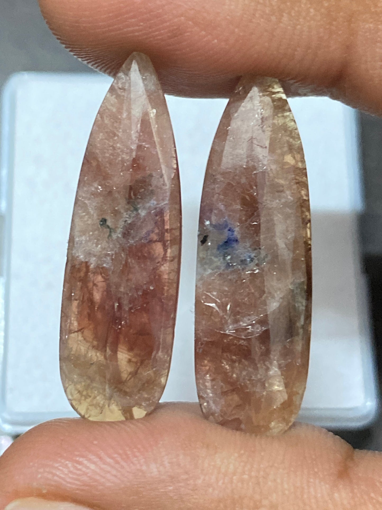 Dazzling rare Natural fancy peach huge Umba sapphire unheated rosecut pear matched pair wt 32.5 cts pcs 2 size  peach sheen sapphire rosecut