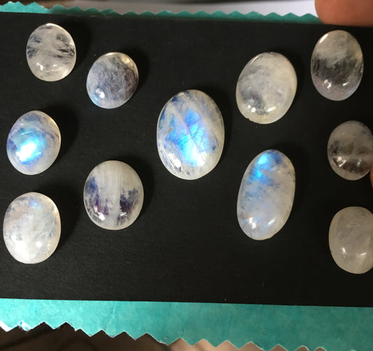 Stunning blue fire White rainbow moonstone oval cabochons lot pcs 11 wt 132 cts size 16x12.5mm to 25x17mm  beautiful fire rainbow moonstone