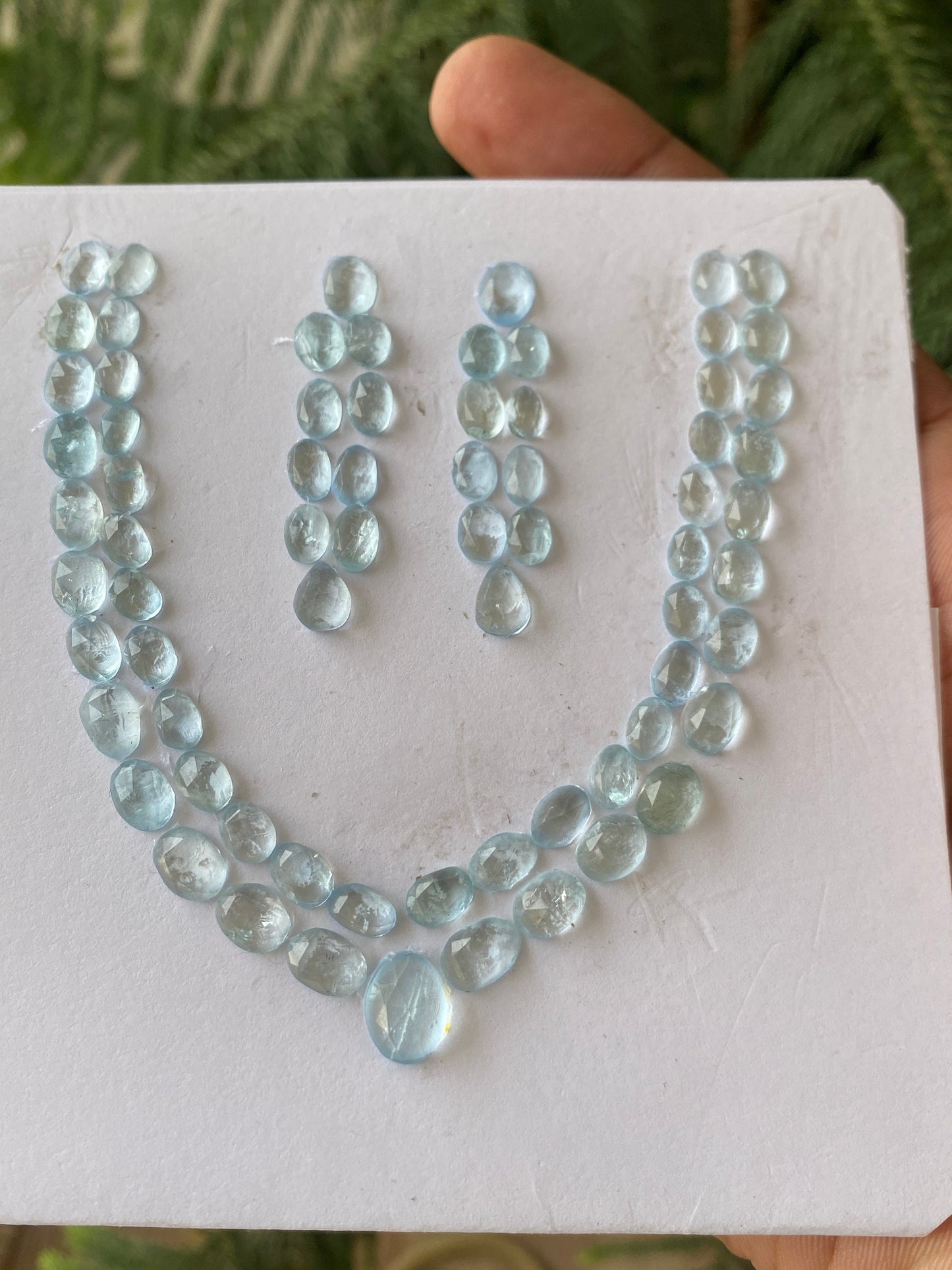 Stunning aquamarine rosecut necklace earring set natural aquamarine cabochons weight 70 carats pcs 70  size 8x5-10x8mm aquamarine rosecut