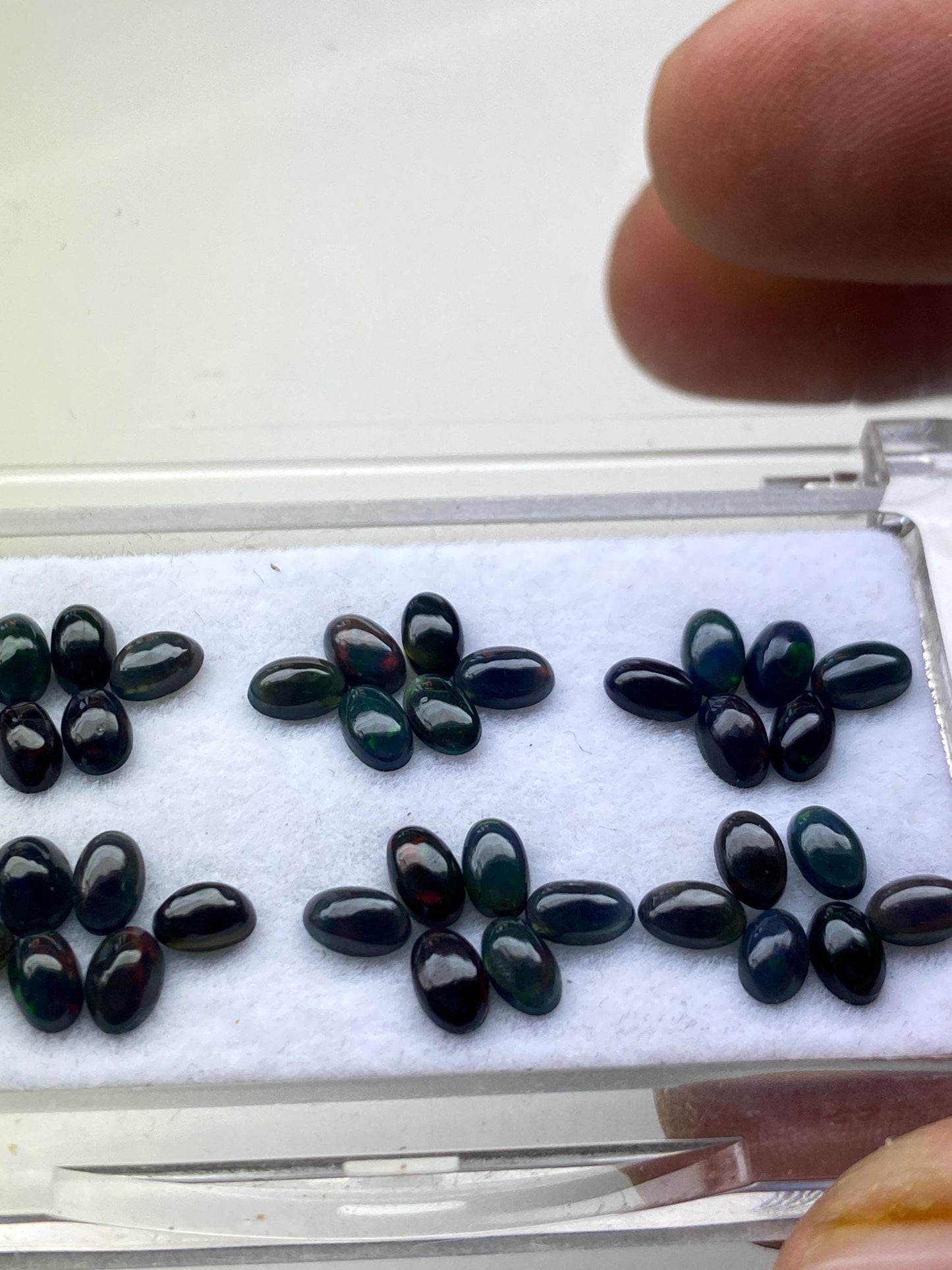 Black Natural opal (smoked) Ethiopian mines Natural opal cabochons lot size 5x3mm wt 9.50 carats pcs 36 black opal cabochons (torch light)