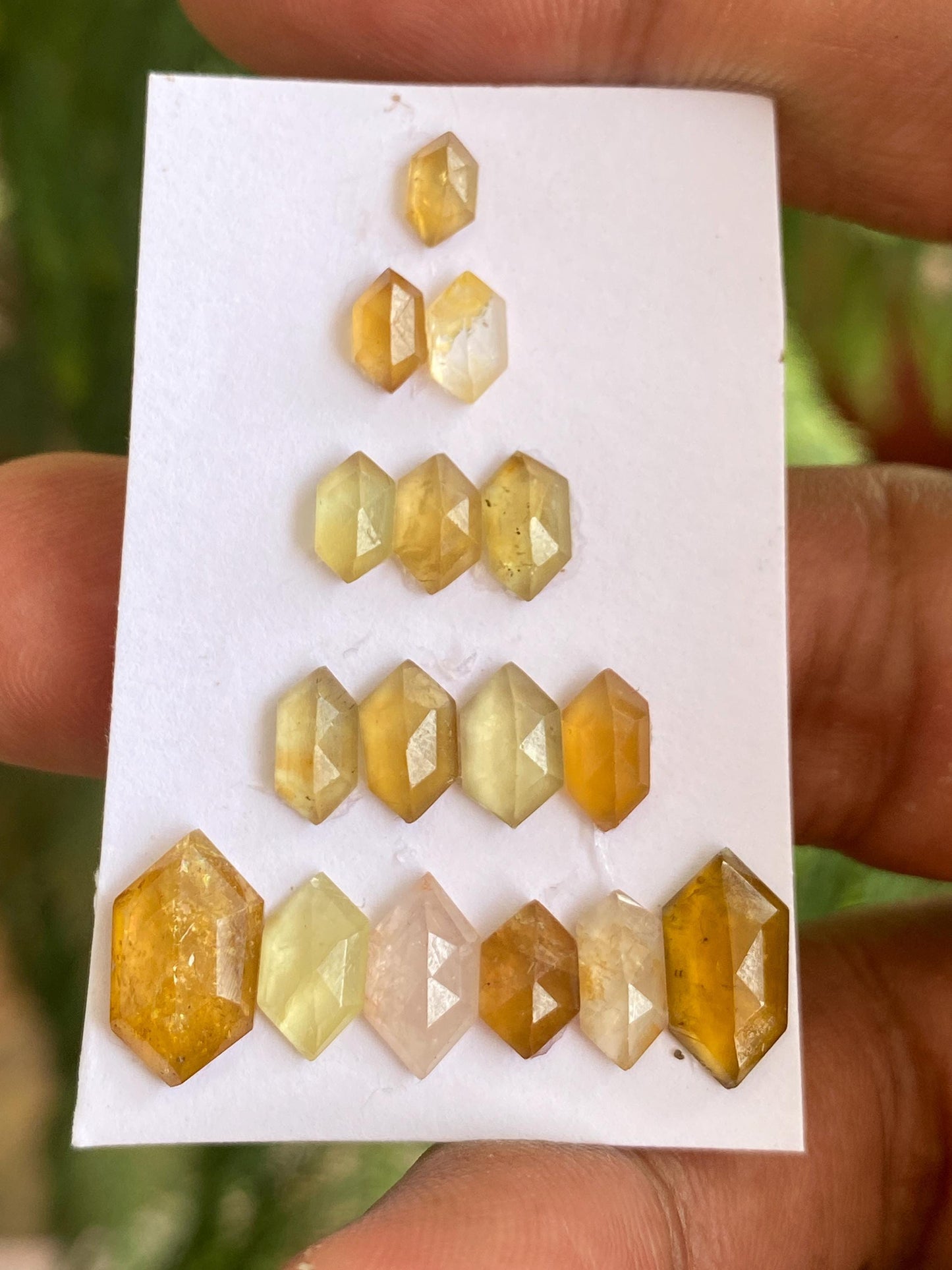 Dazzling yellow fluorite hexagon beautiful fine quality wt 15.50 carats  size 4.5x3-12x6mm pcs 16  fluorite geometric hexagon