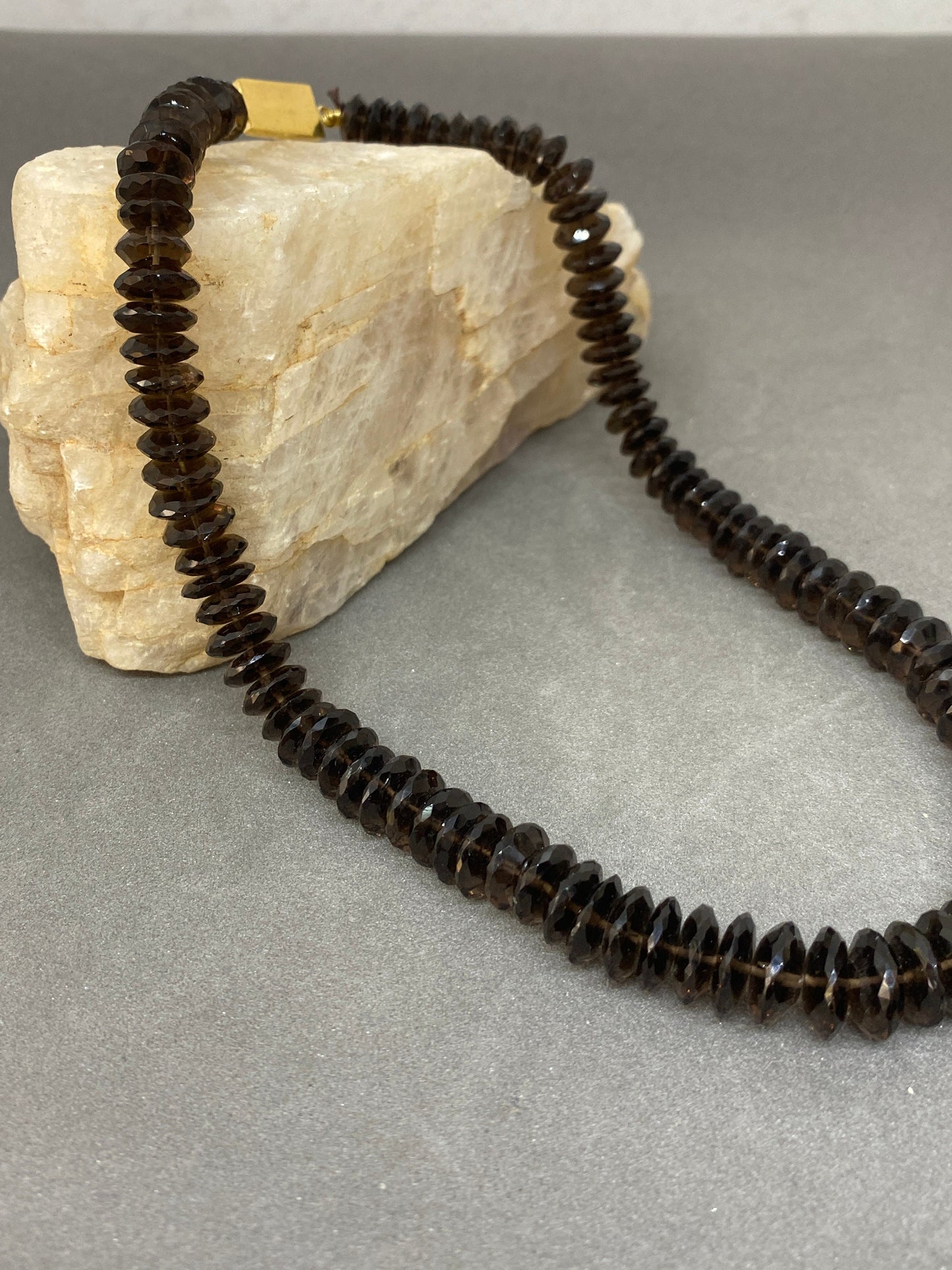 Appealing Smokey quartz German faceted beads necklace disc shape size 8.7mm-12mm 16 inches 324 cts Smokey quartz disc saucer beads necklace