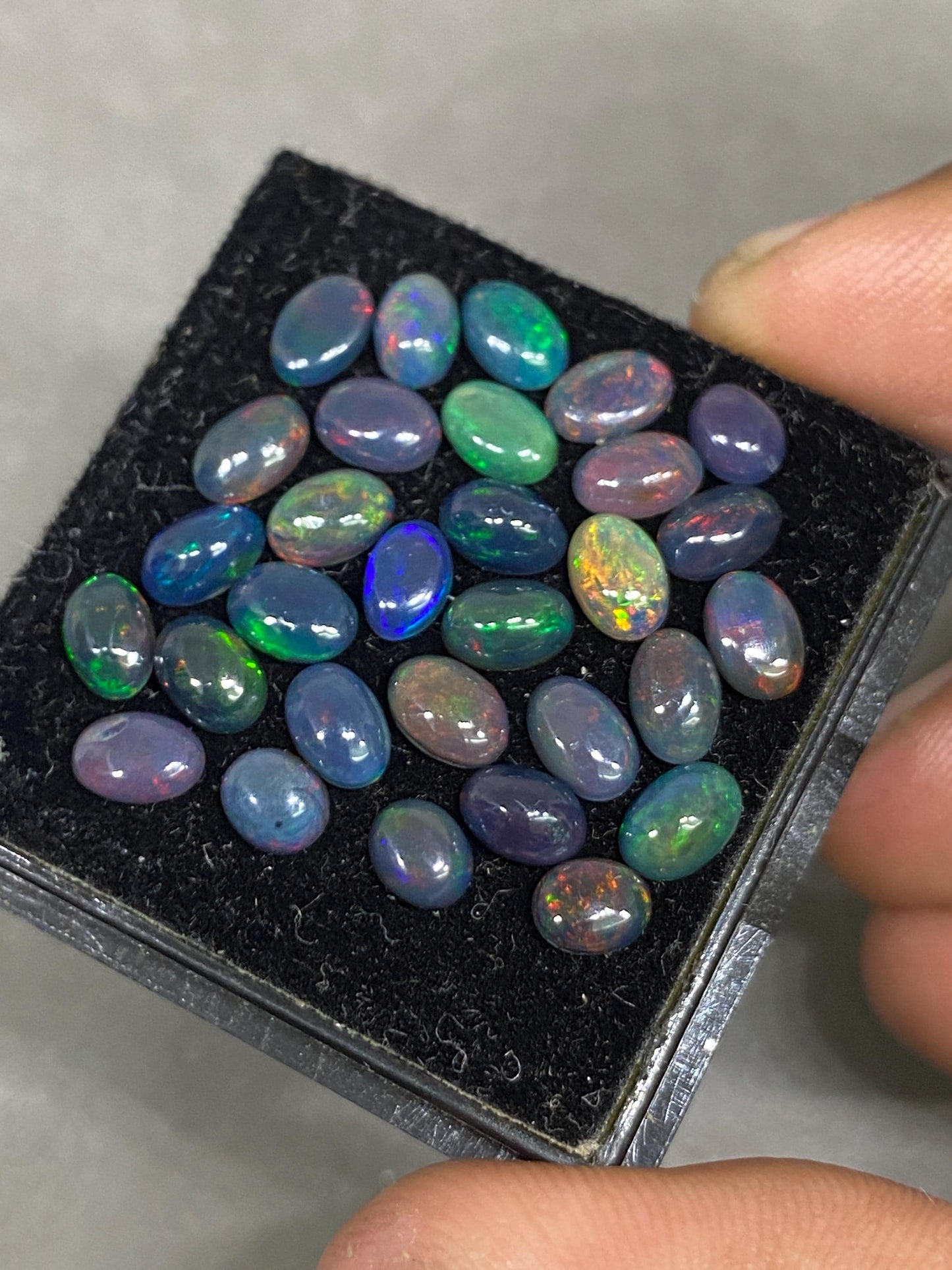 Black opal (smoked) Natural Fire opal cabochons lot size wt 7.15 cts size 5x4-6x4mm pcs 30 opal cabochon quality fire black opals cabochons