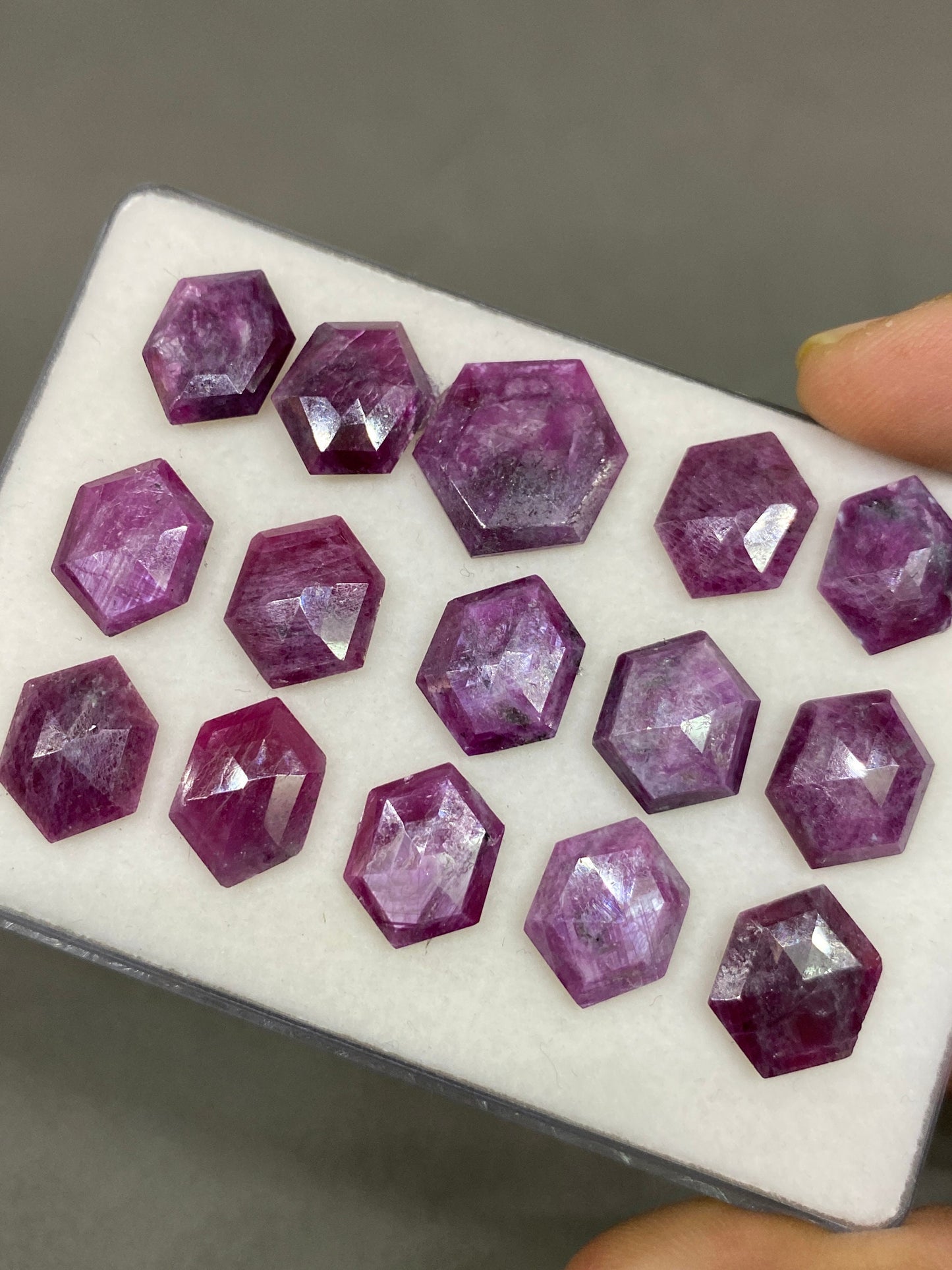 Eye catching Rare silver sheen ruby hexagon step cuts weight 71 carats pcs 15 size 13.9x10.5mm-17.4x16.4mm ruby hexagon flatbacks