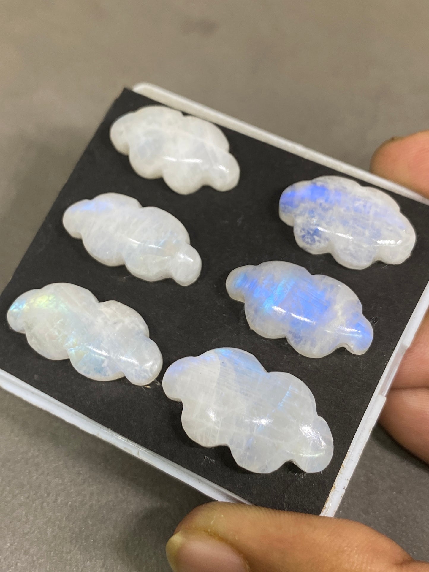 Gorgeous rare white moonstone cloud carving  blue fire moonstone   carving pcs 6 wt 103.5 cts size 22x13-27x15mm  moonstone cloud carving