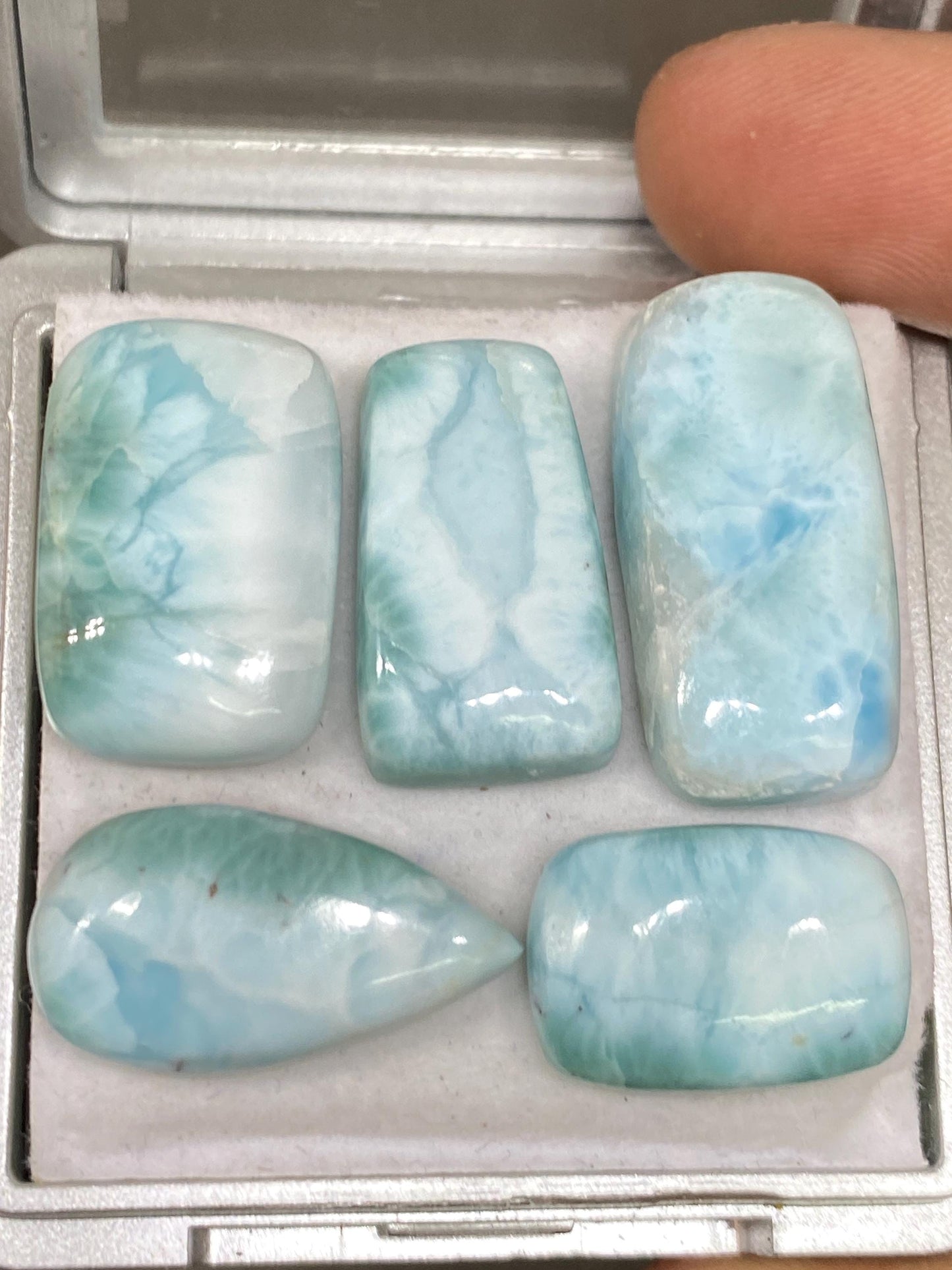 Mesmerising rare Smooth Larimar cabochons pcs 5 pendant supply  wt 95.40 carats size 19x14mm-22x13mm natural Larimar cabochons fancy shape