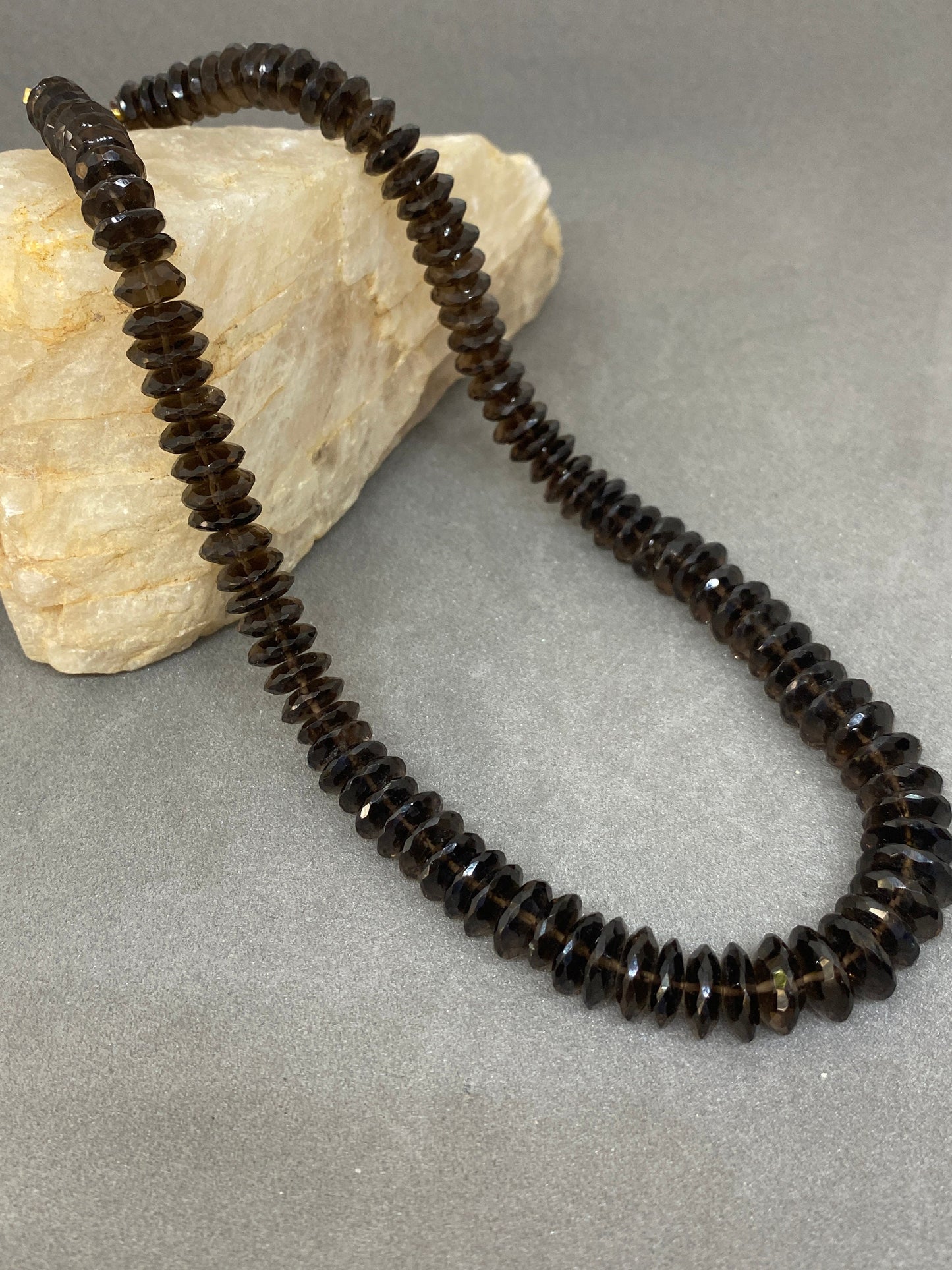 Appealing Smokey quartz German faceted beads necklace disc shape size 8.7mm-12mm 16 inches 324 cts Smokey quartz disc saucer beads necklace